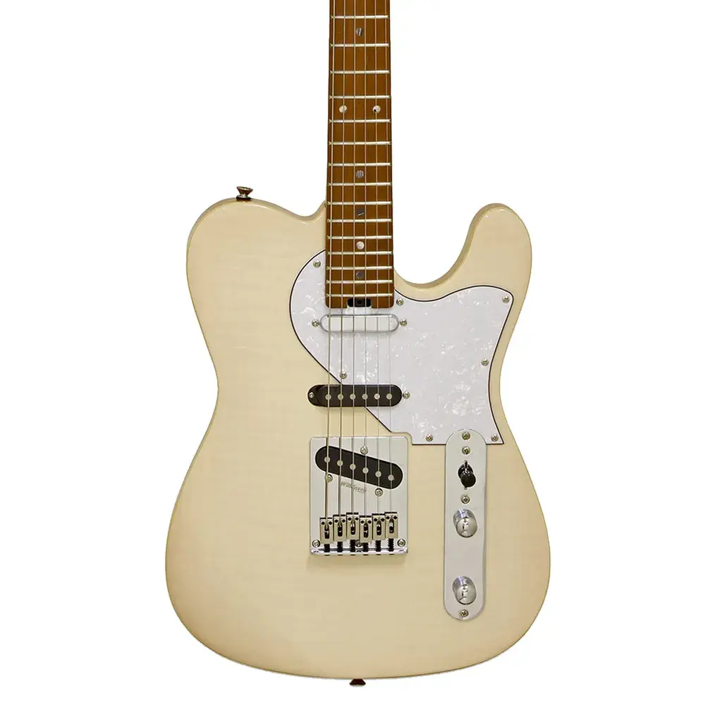 Krem rengi, beyaz pena korumalı ve krom donanımlı elektro gitar.