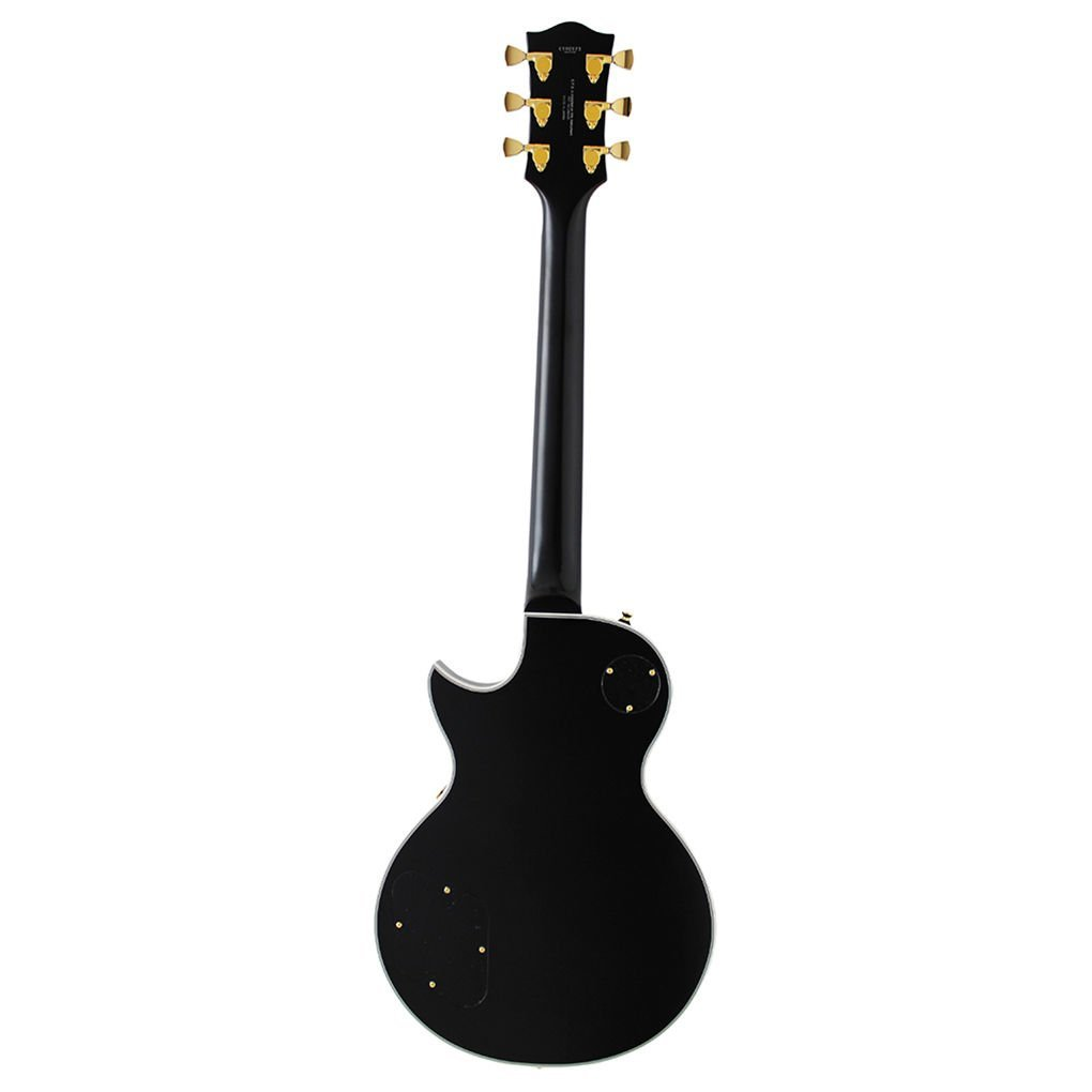 Gitaranın arkadan görünümü, altın rengi burguları olan siyah elektro gitar.