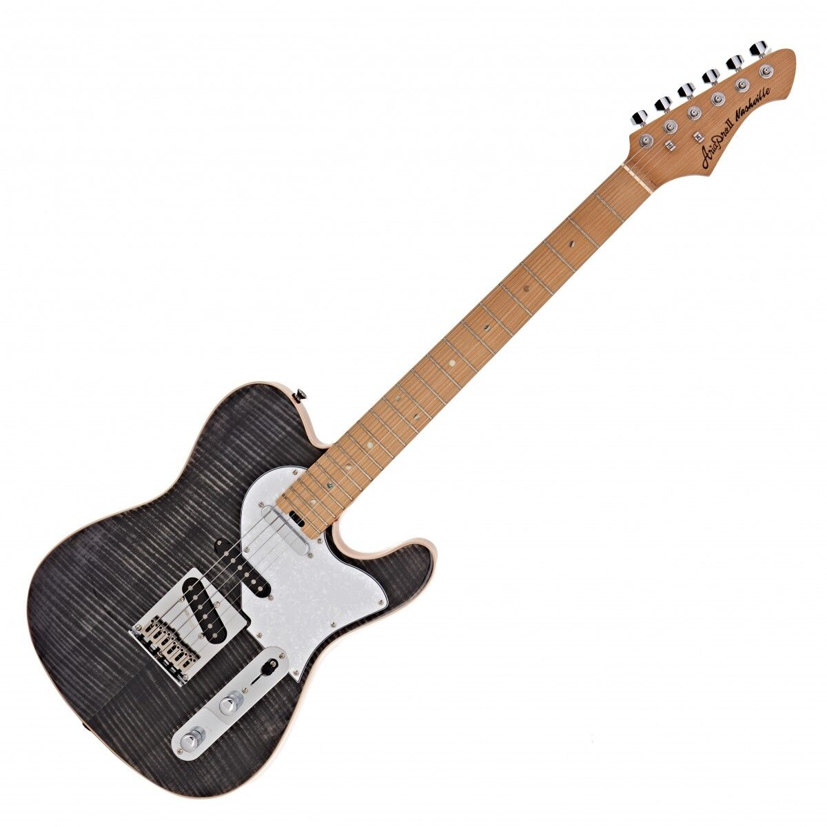Akçaağaç saplı ve beyaz pena korumalı siyah elektro gitar.