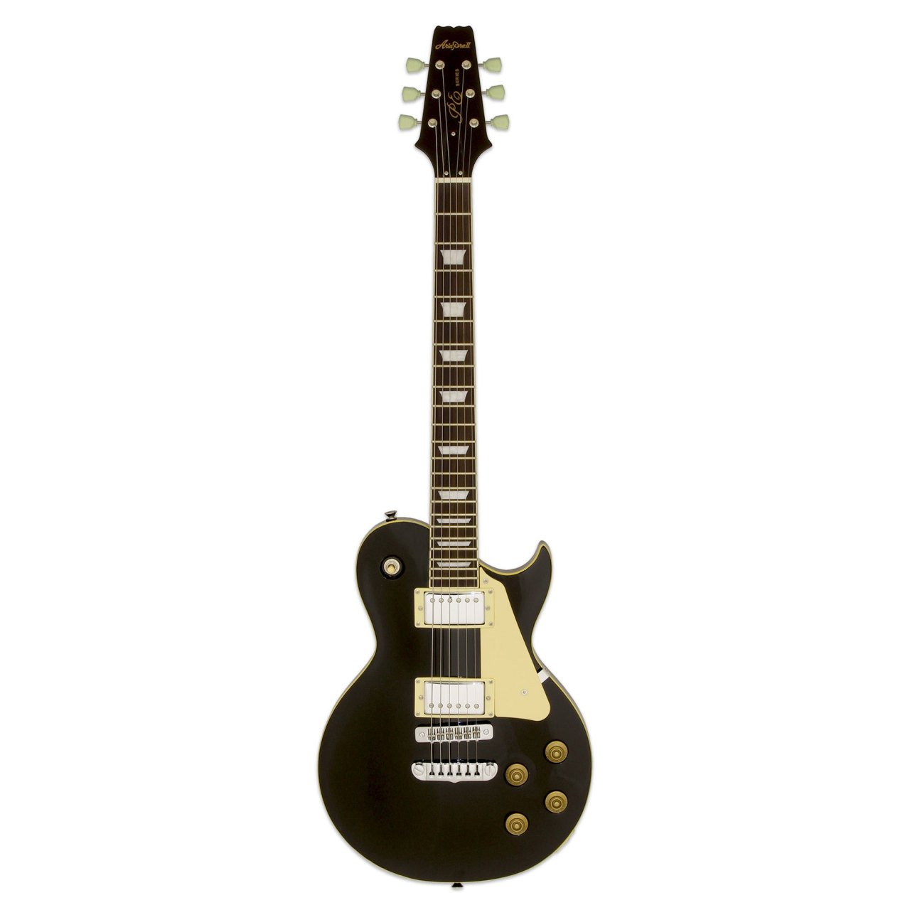 Beyaz pena korumalı ve altın düğmeli siyah elektro gitar.