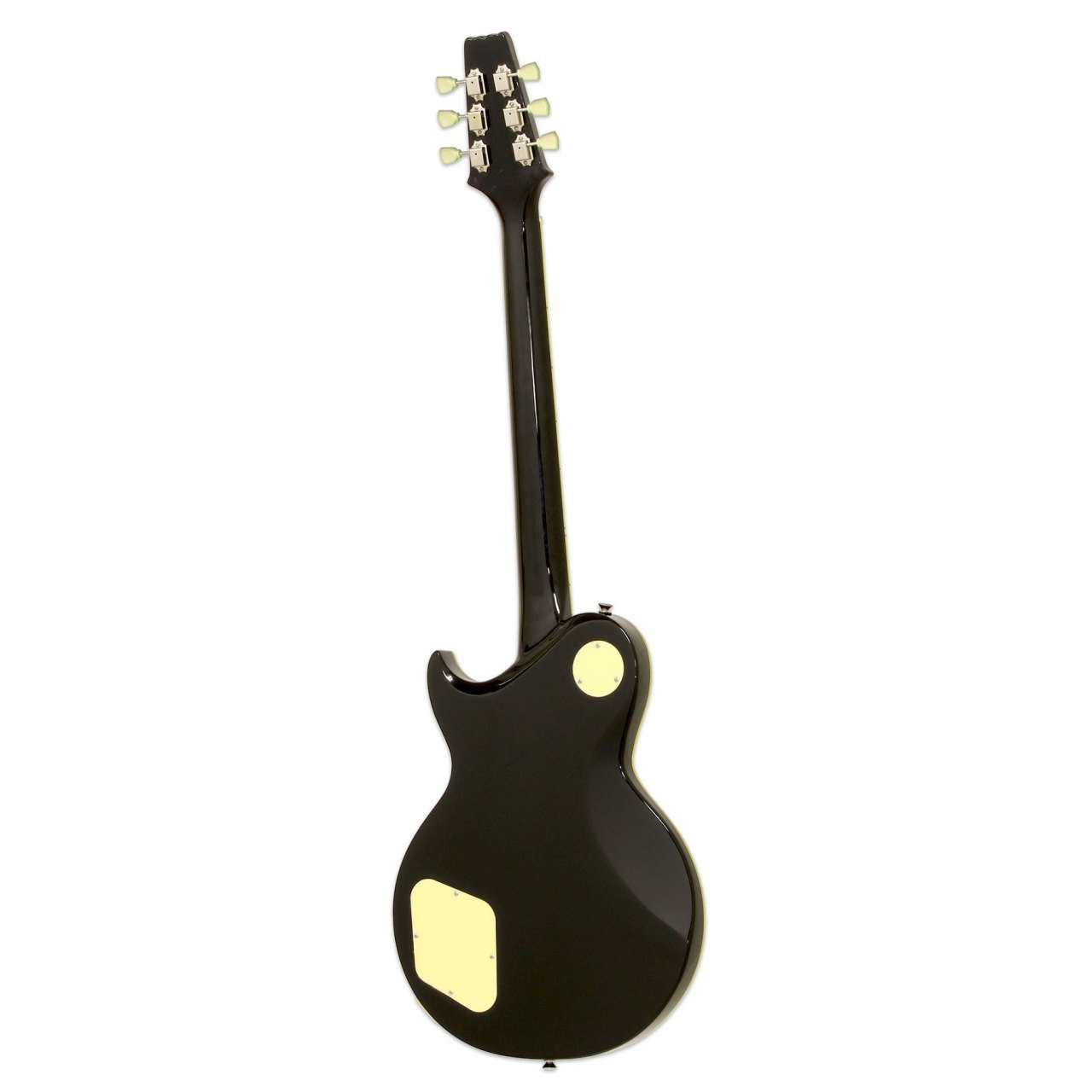Altı telli, altın donanımlı siyah elektro gitar beyaz arka plan üzerinde.