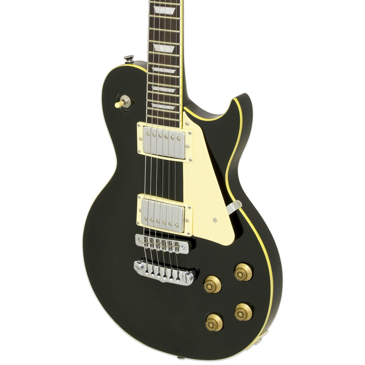 Krem pena korumalı ve altın düğmeli siyah elektro gitar.