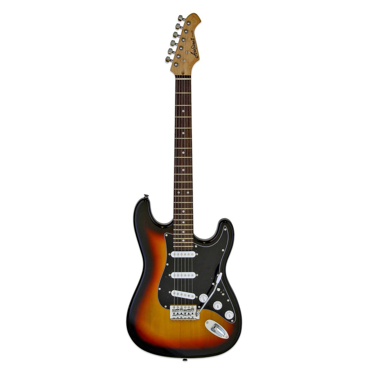 Güneş patlaması efektli, siyah pena korumalı ve gümüş donanımlı elektro gitar.
