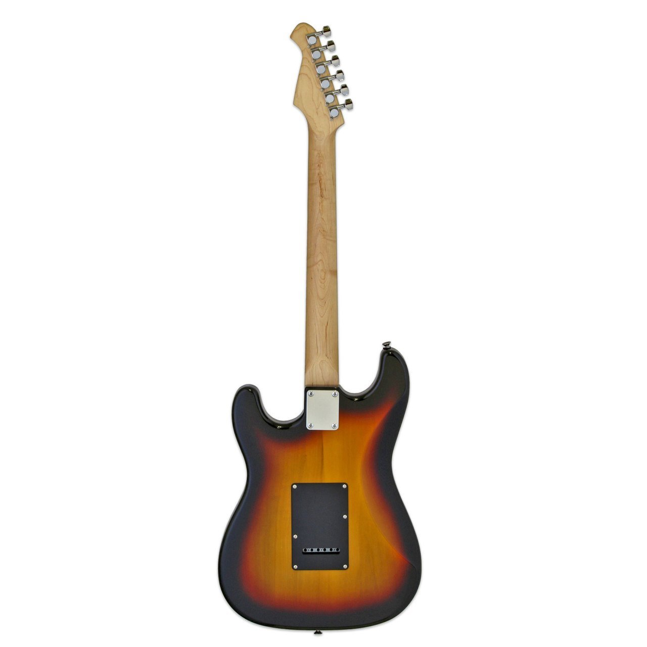 Güneş patlaması bitişli, açık ahşap saptı olan elektro gitarın arka görünümü.