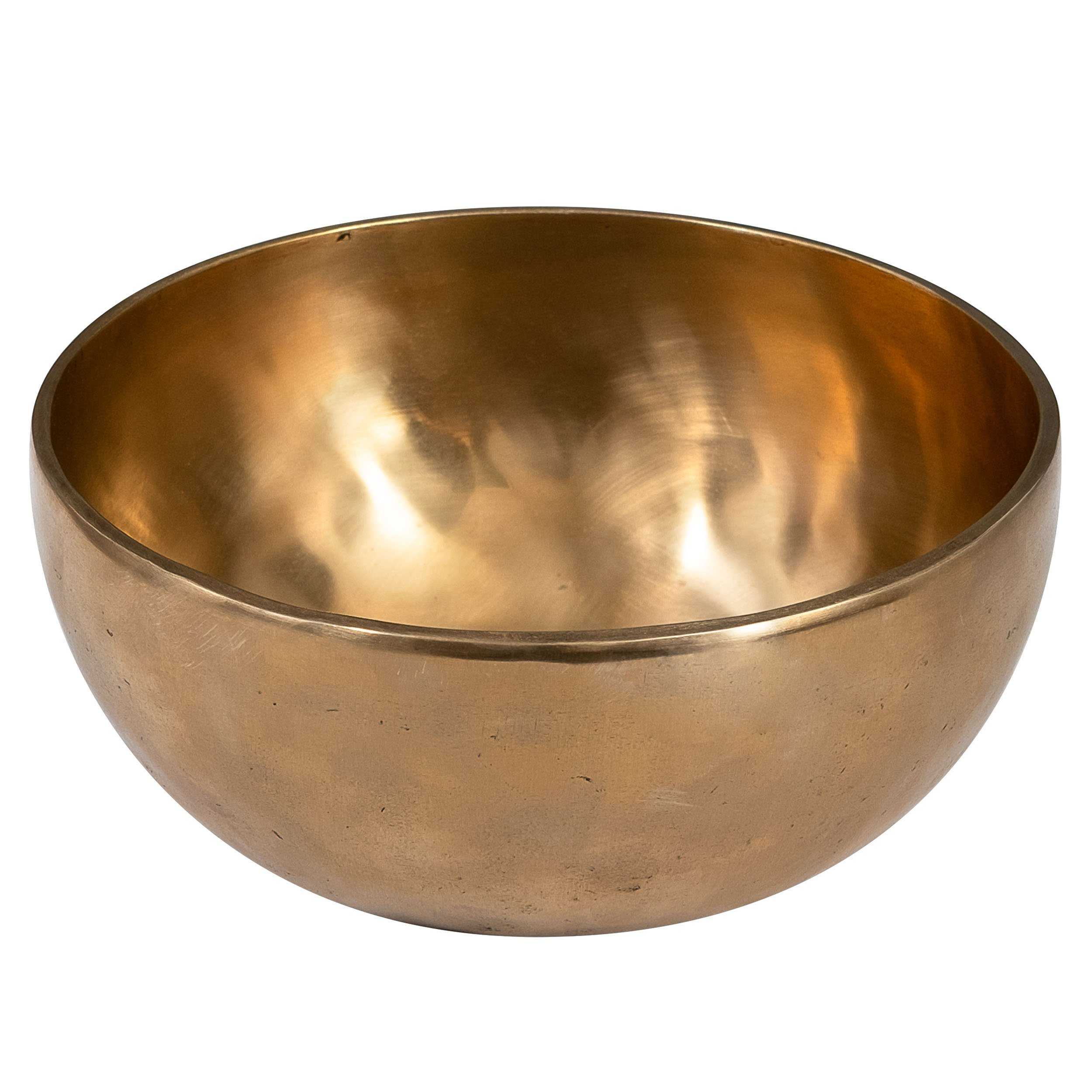 Pürüzsüz, yansıtıcı iç yüzeylere sahip bronz renkli bir kase.