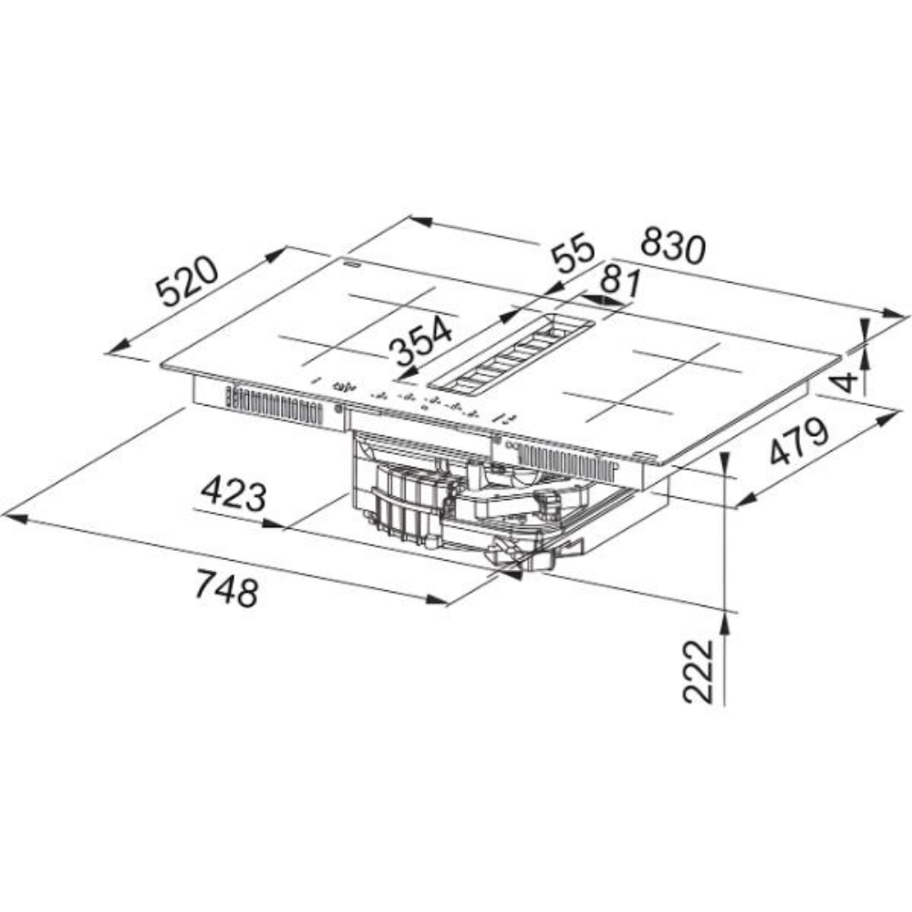 Disegno tecnico di un piano cottura con dimensioni.