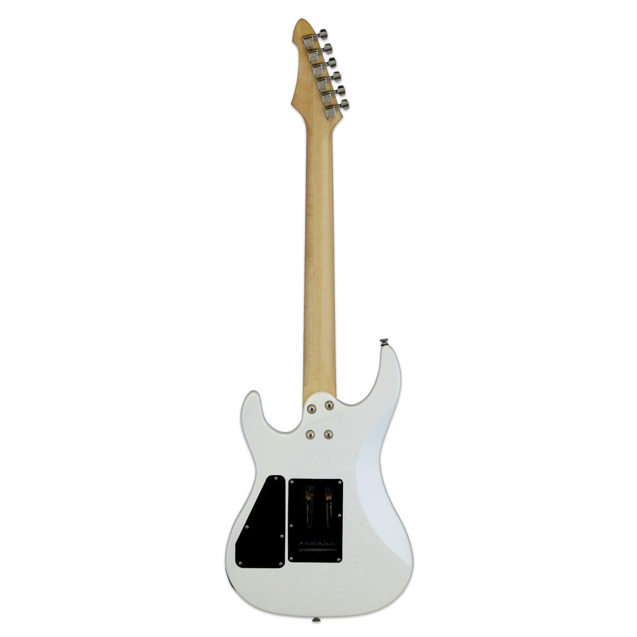 Açık ahşap sapa ve gümüş akort burgularına sahip beyaz elektro gitarın arka görünümü.