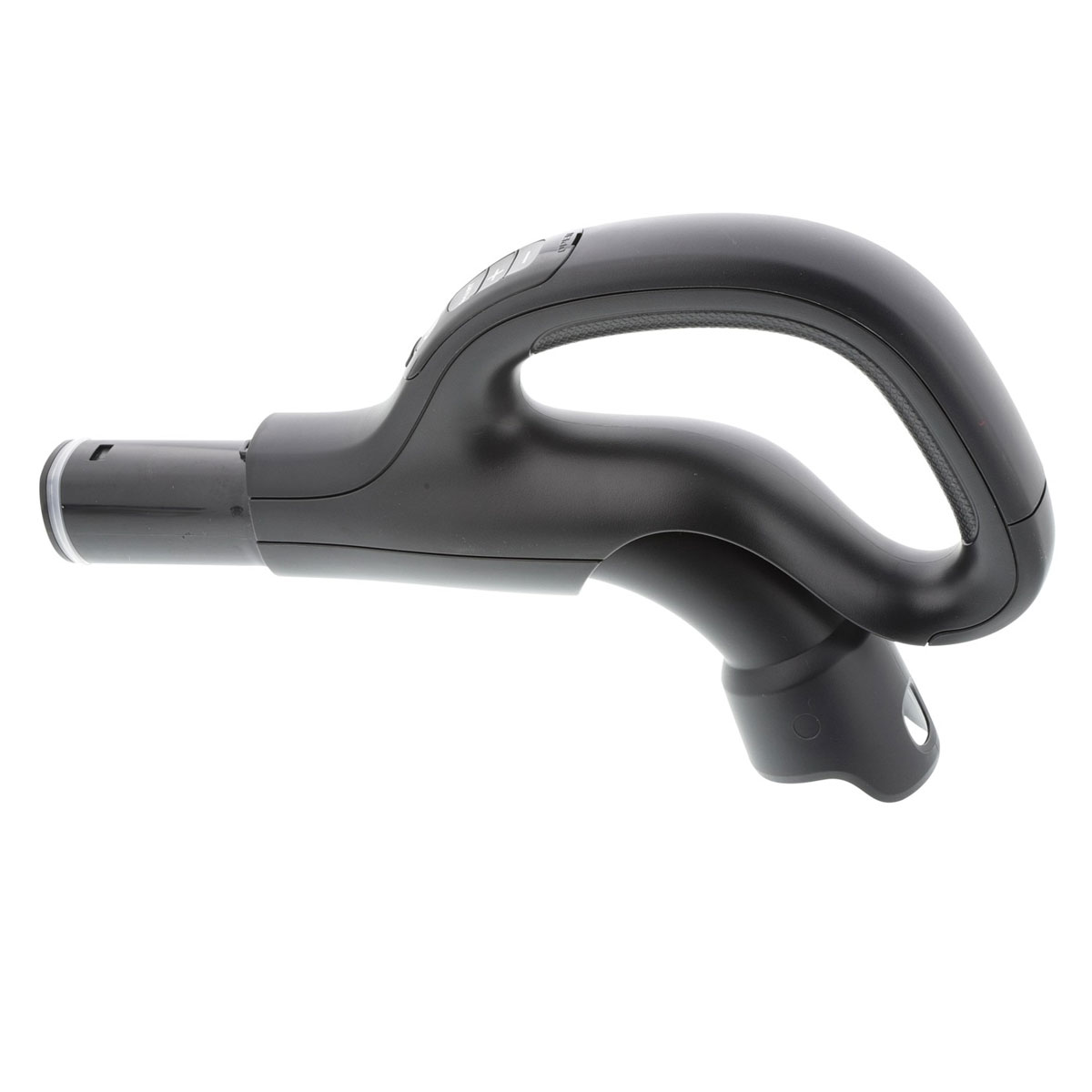 Manico nero per aspirapolvere, forma ergonomica con pulsanti.