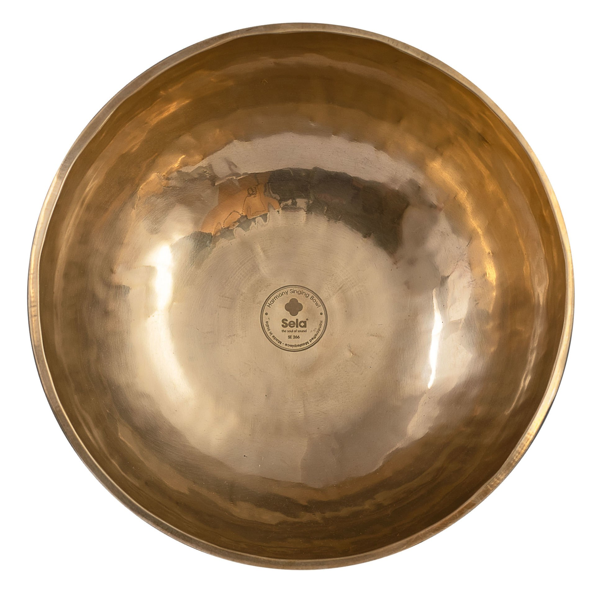 Ortasında "Sela Harmony Singing Bowl" logosu bulunan altın rengi bir keşiş çanağı.
