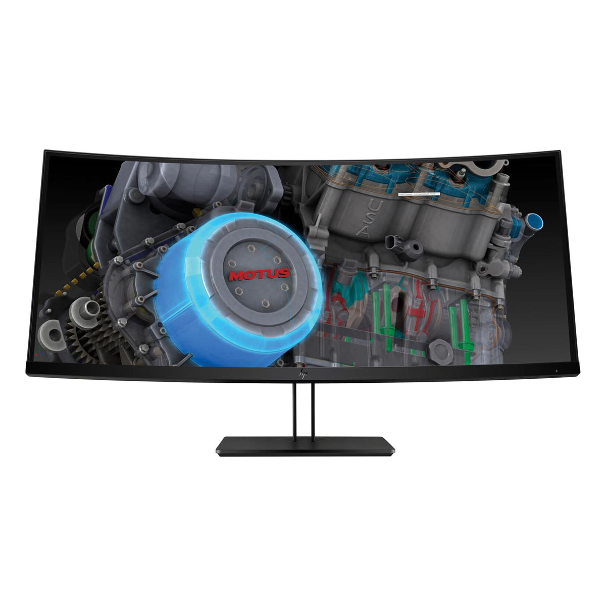 Zakrzywiony monitor wyświetla rysunek techniczny silnika z niebieskim podświetleniem.