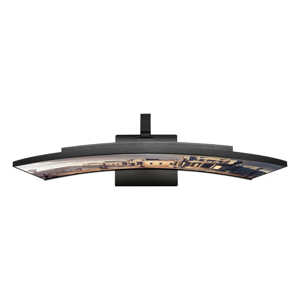 Zakrzywiony monitor wyświetlający obraz starożytnego miasta.