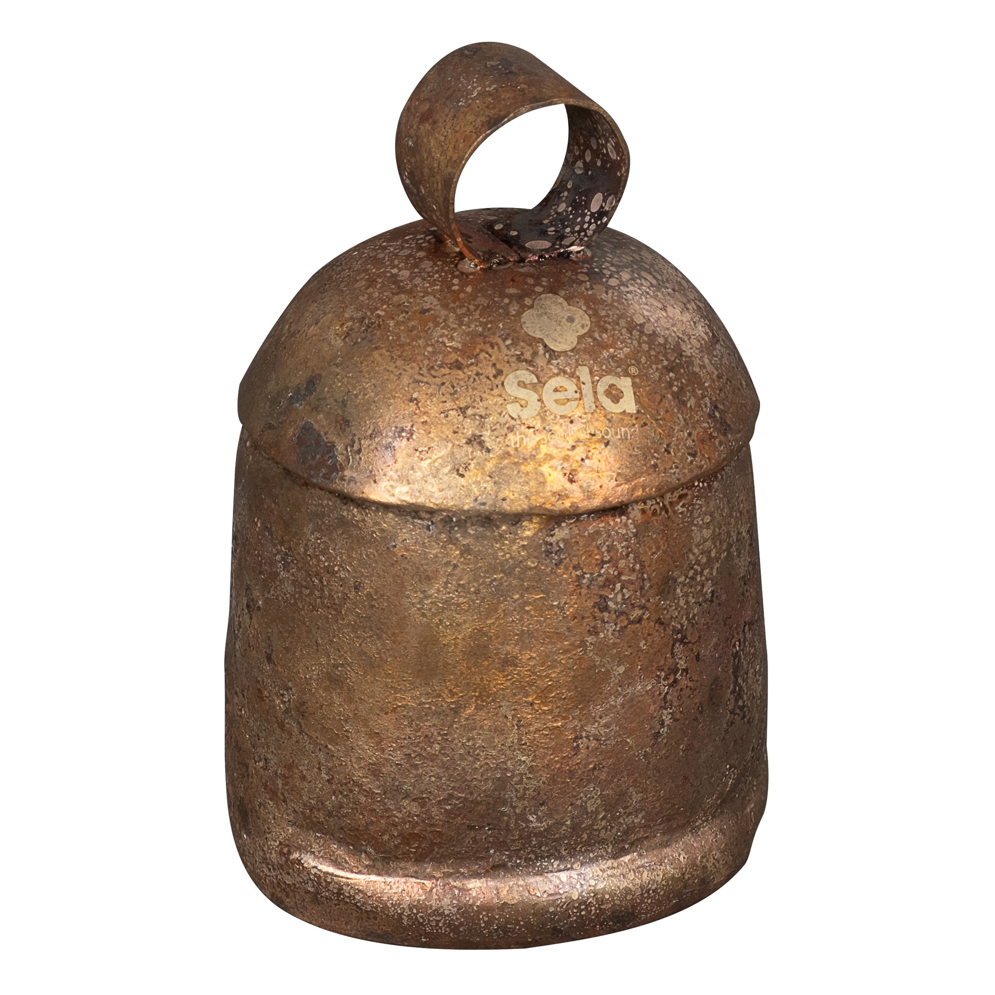 Üstünde sapı olan paslı, bronz renkli bir çan. 'Sela' logosu görünür.