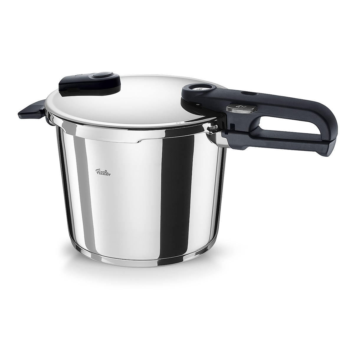 Siyah saplı ve kapaklı paslanmaz çelik düdüklü tencere, Fissler logosu.