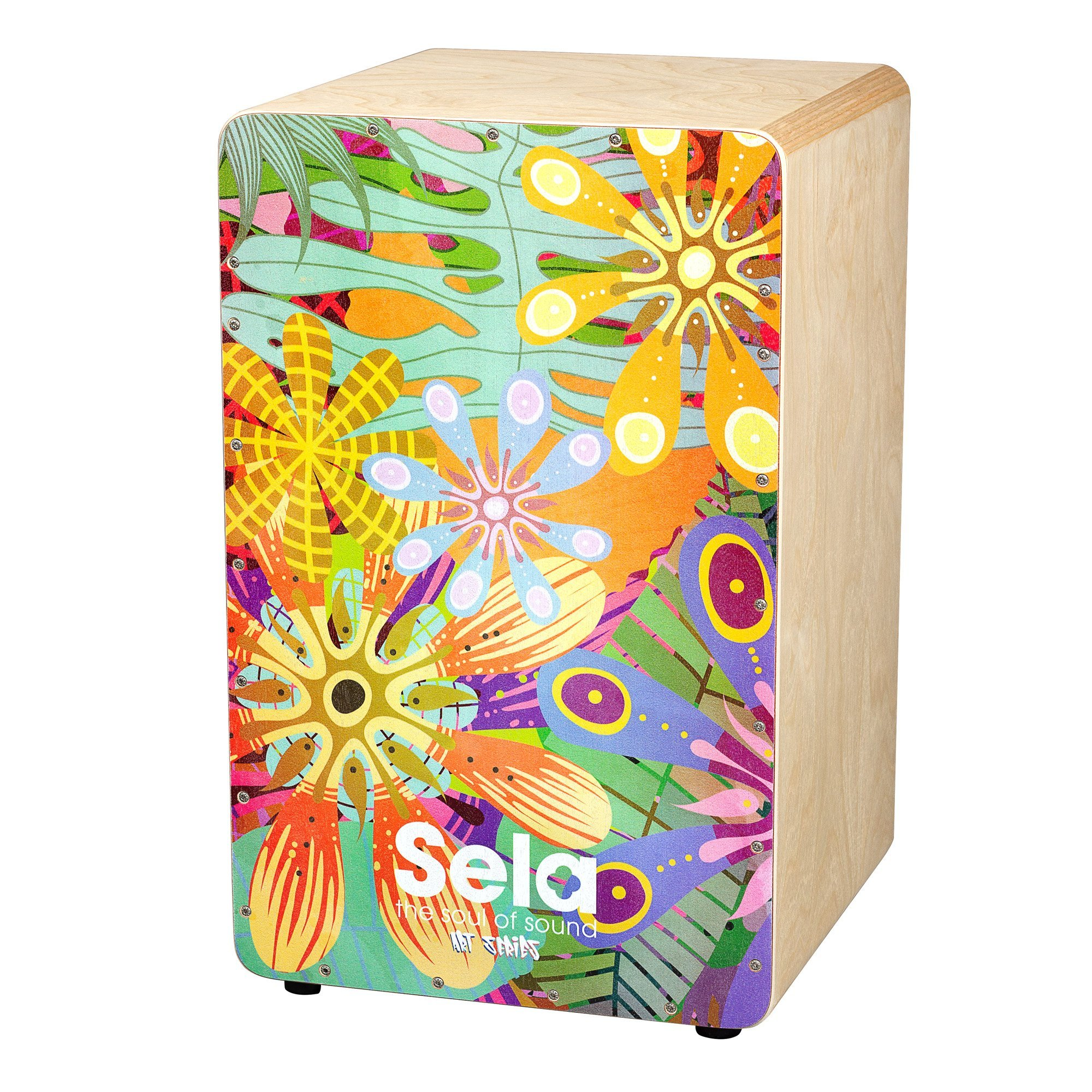 Ön yüzünde renkli çiçek deseni olan açık ahşap cajon.