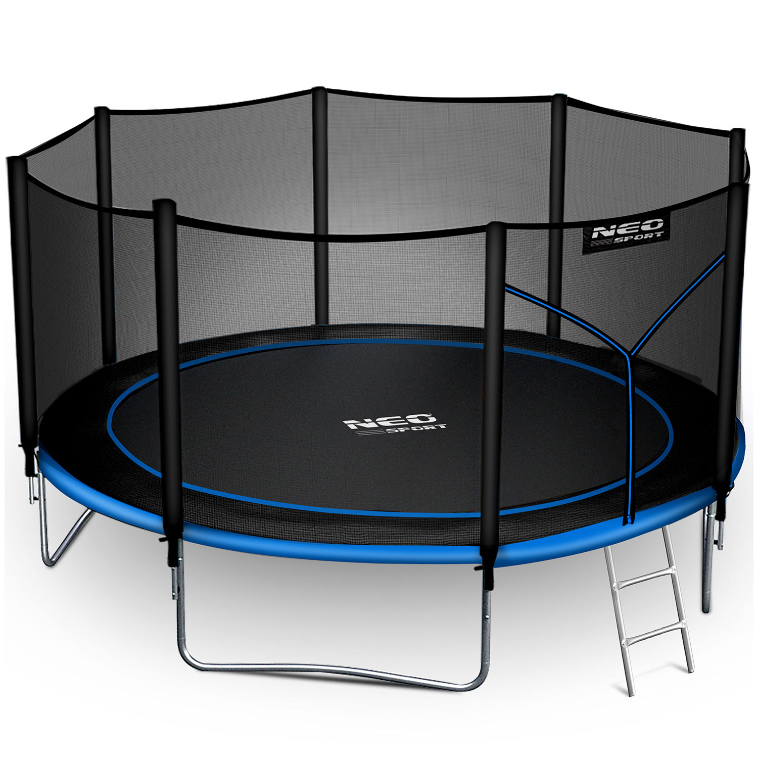 Okrągły trampolin z siatką zabezpieczającą, niebieskim wykończeniem i drabiną.