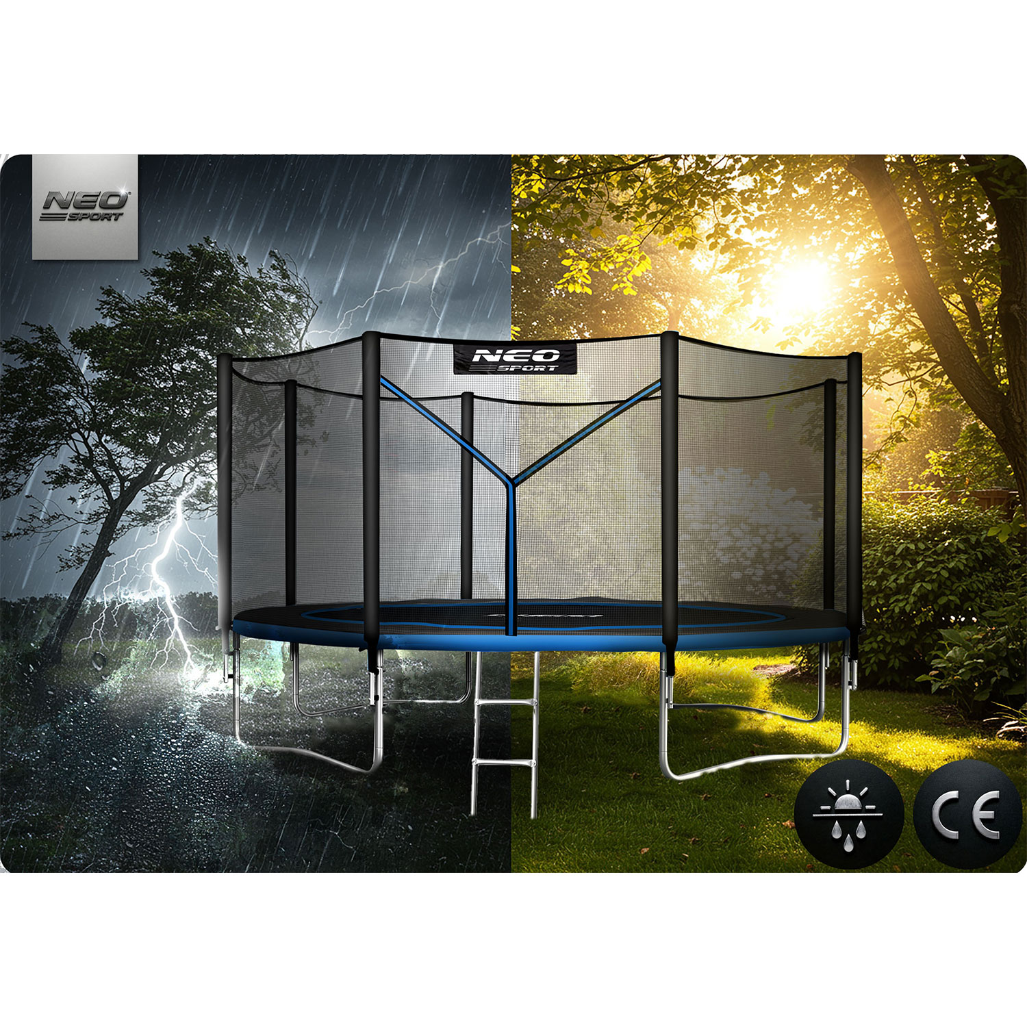 Trampolina w deszczu i słońcu. Po lewej burza, po prawej ogród. Znak CE.