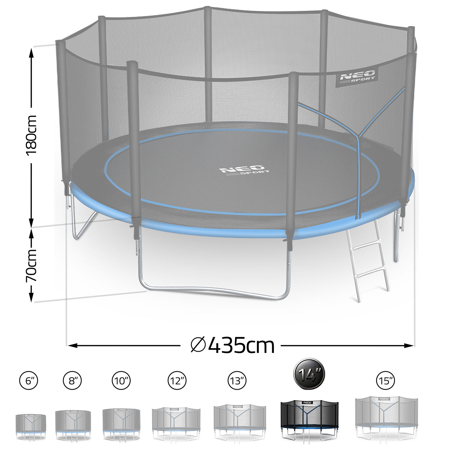 Trampolina z siatką zabezpieczającą, średnica 435cm, wysokość 180cm.