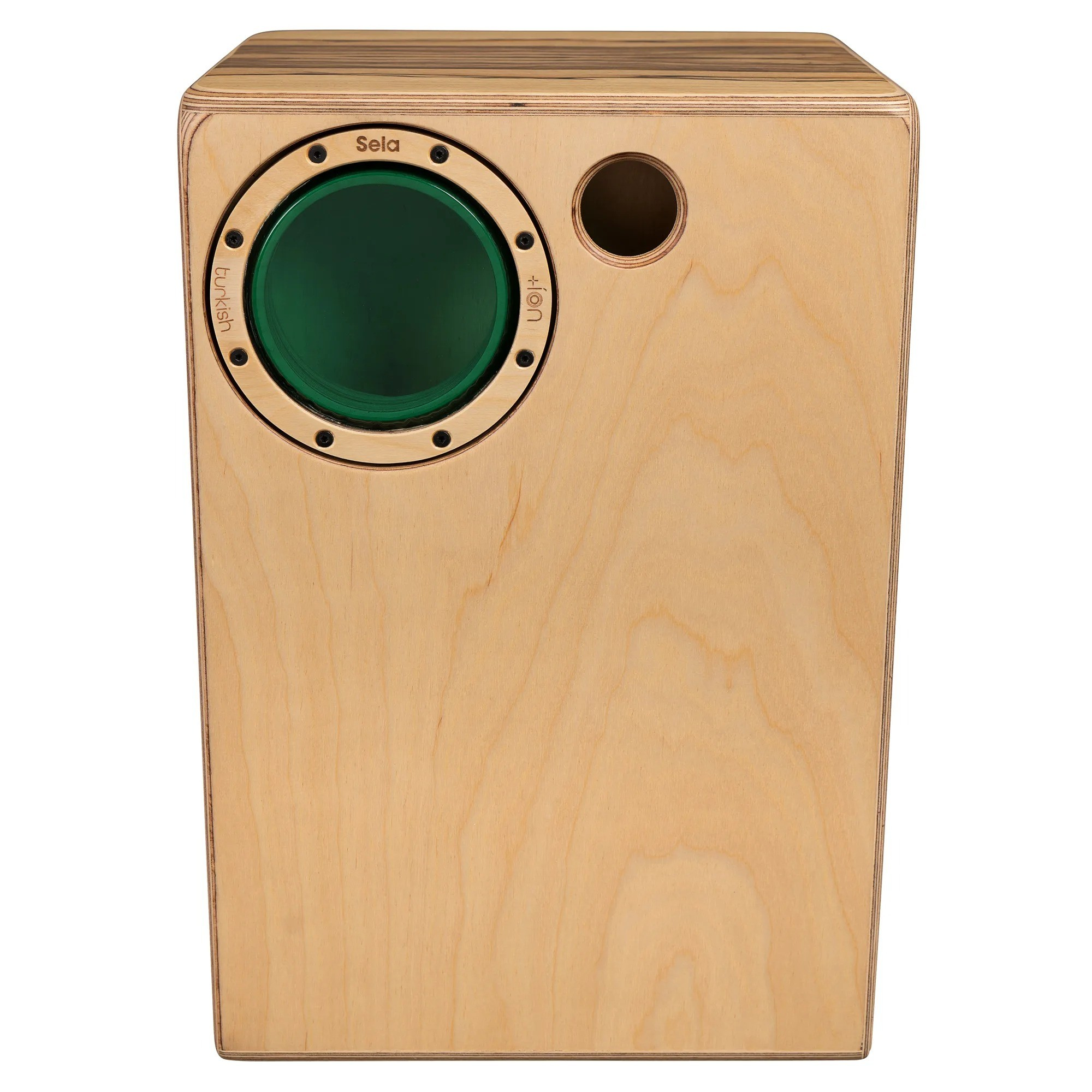 Yeşil davullu ve ses deliği olan bir cajon.