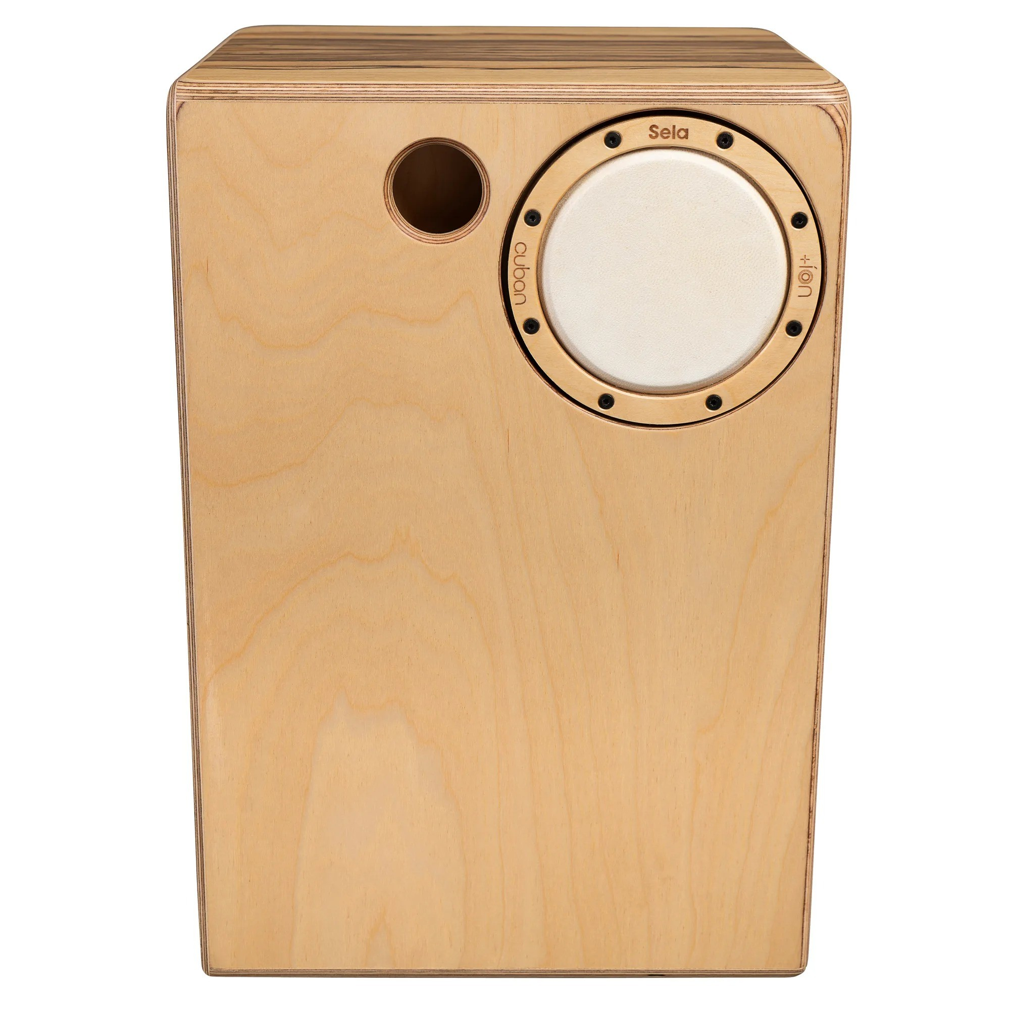 Ses deliği ve yuvarlak çalma yüzeyi olan ahşap cajon kutusu.
