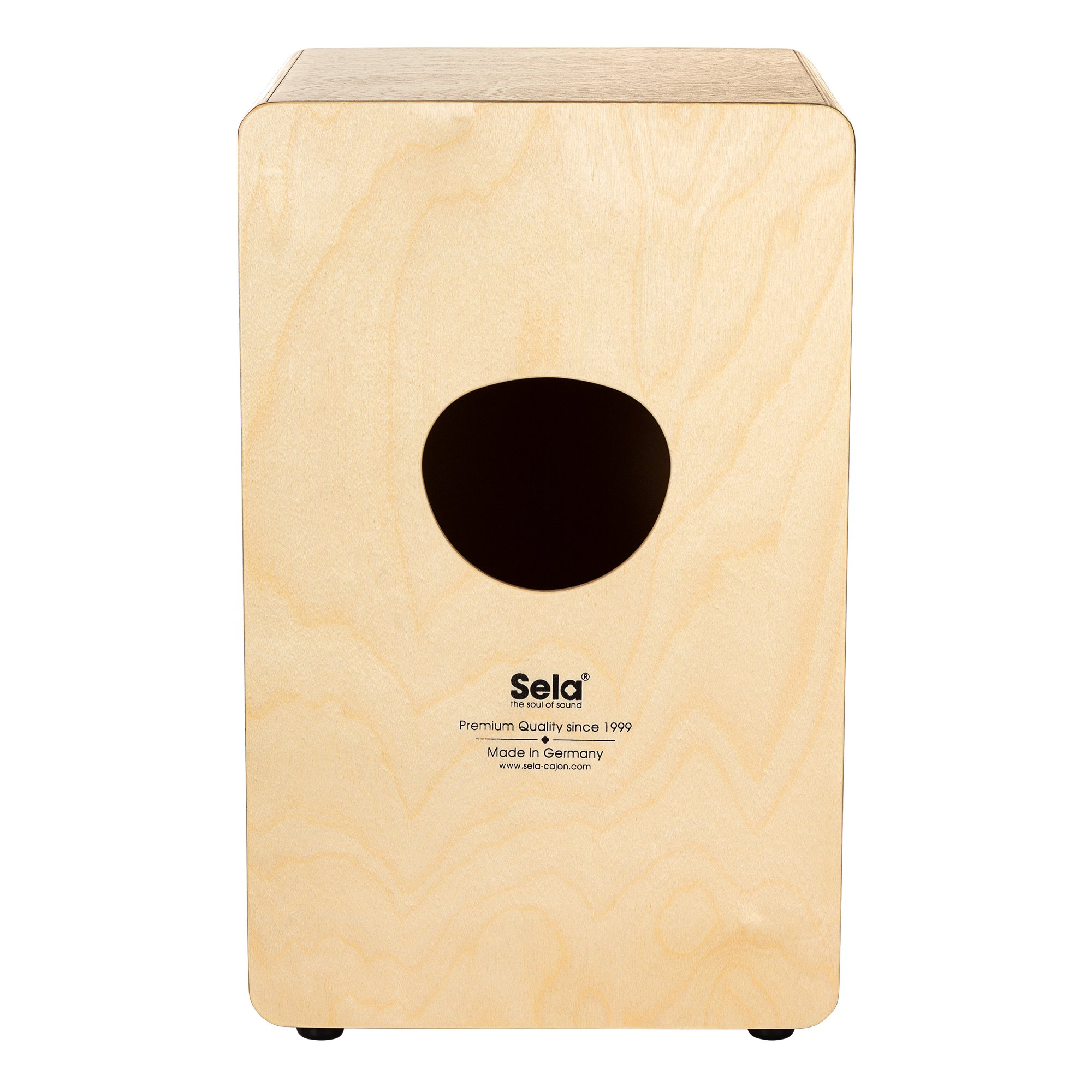 Yuvarlak ses deliği ve Sela logosu olan ahşap cajon davul.