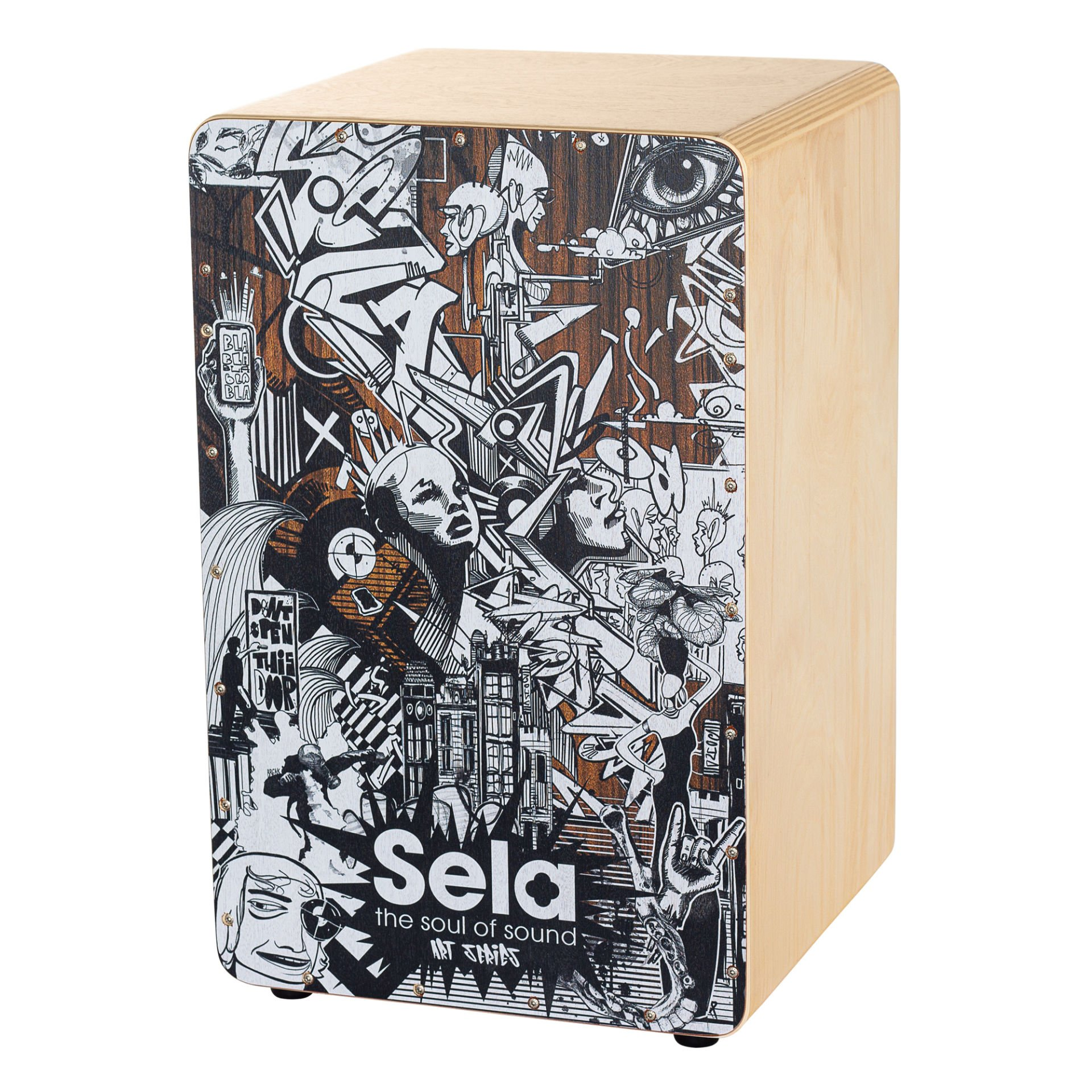 Ön tarafında Sela logosu ve graffiti sanatı bulunan ahşap cajon.