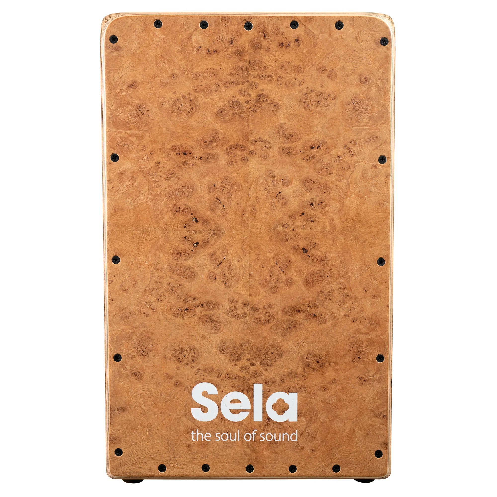 Burl ahşap kaplamalı Cajon, Sela logosu ve vidalar.