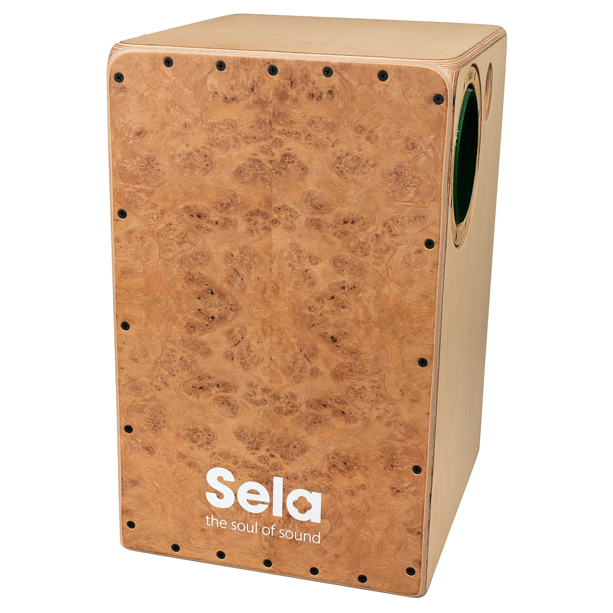 Burl ahşap kaplamalı ve Sela logolu ahşap cajon davul.