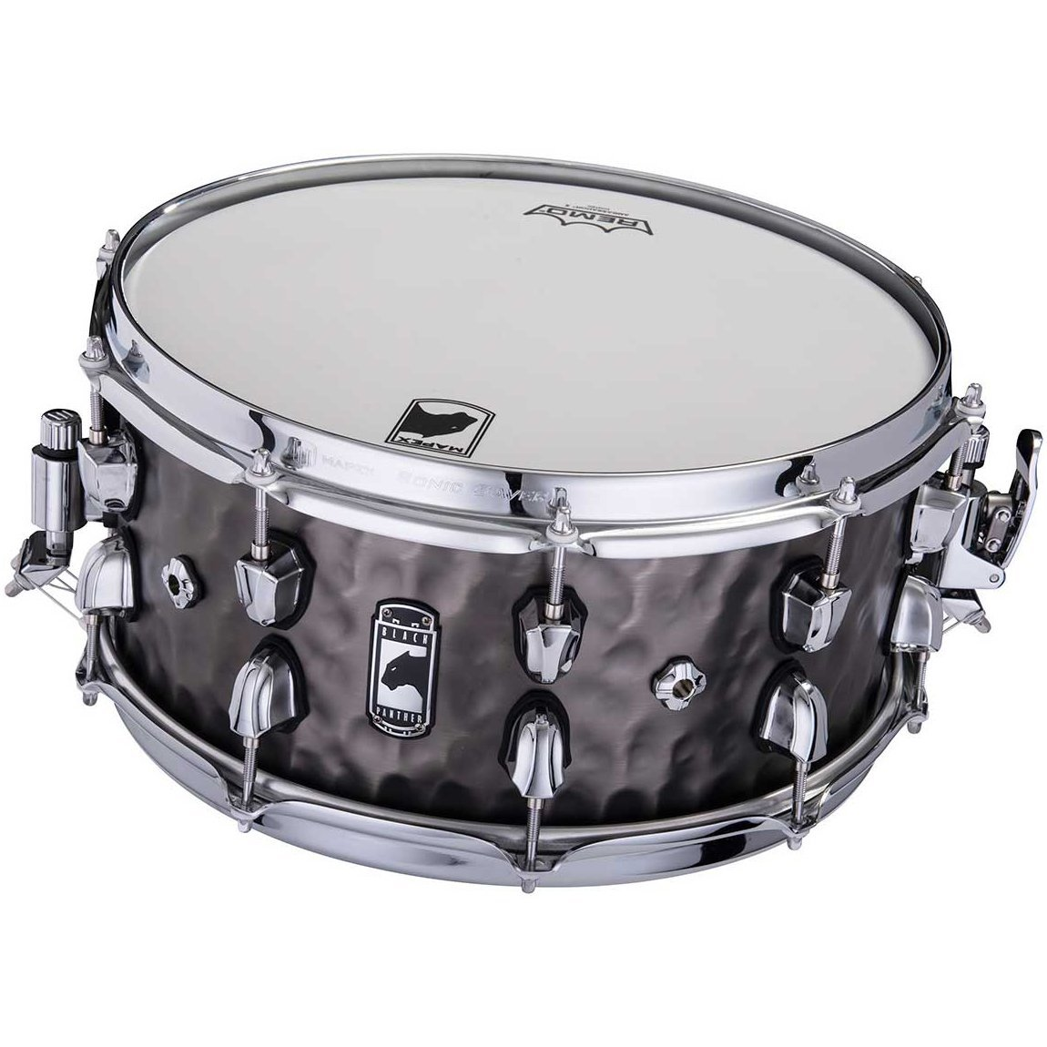 Gümüş donanımlı, beyaz Remo derili, koyu gri Mapex Black Panther trampet.