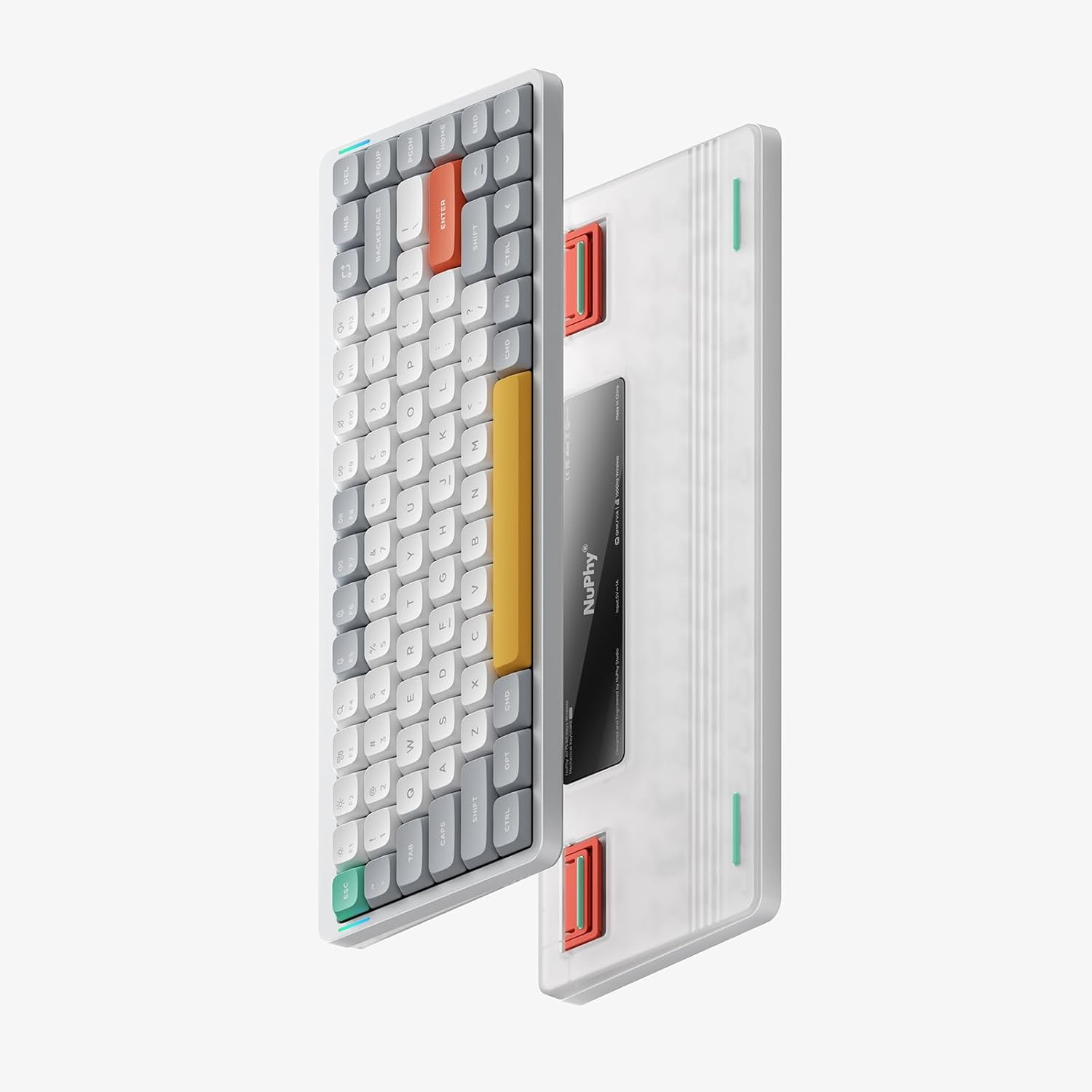 Szara, kompaktowa klawiatura mechaniczna z pomarańczowymi i żółtymi klawiszami akcentującymi.