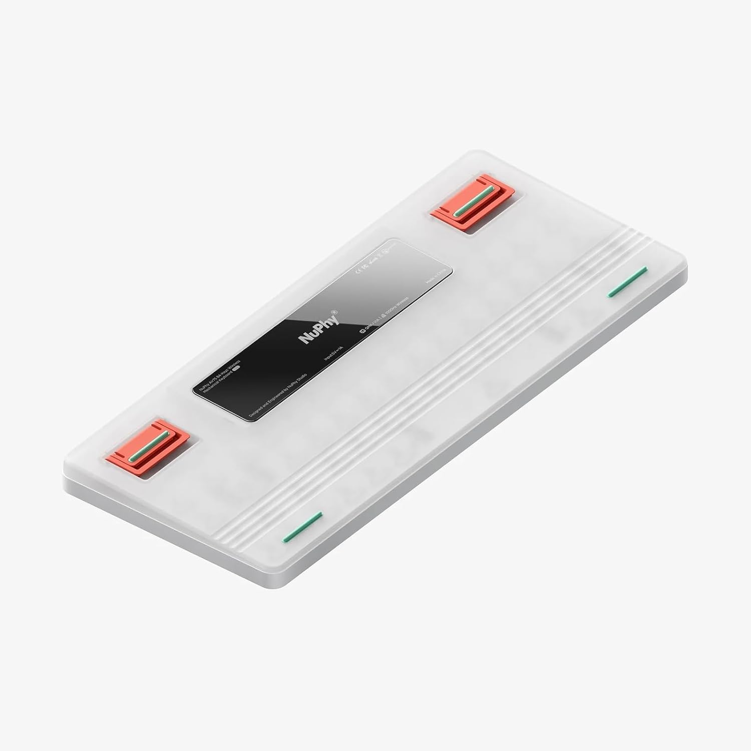 Biały tył klawiatury z pomarańczowymi i zielonymi akcentami i logo NuPhy.
