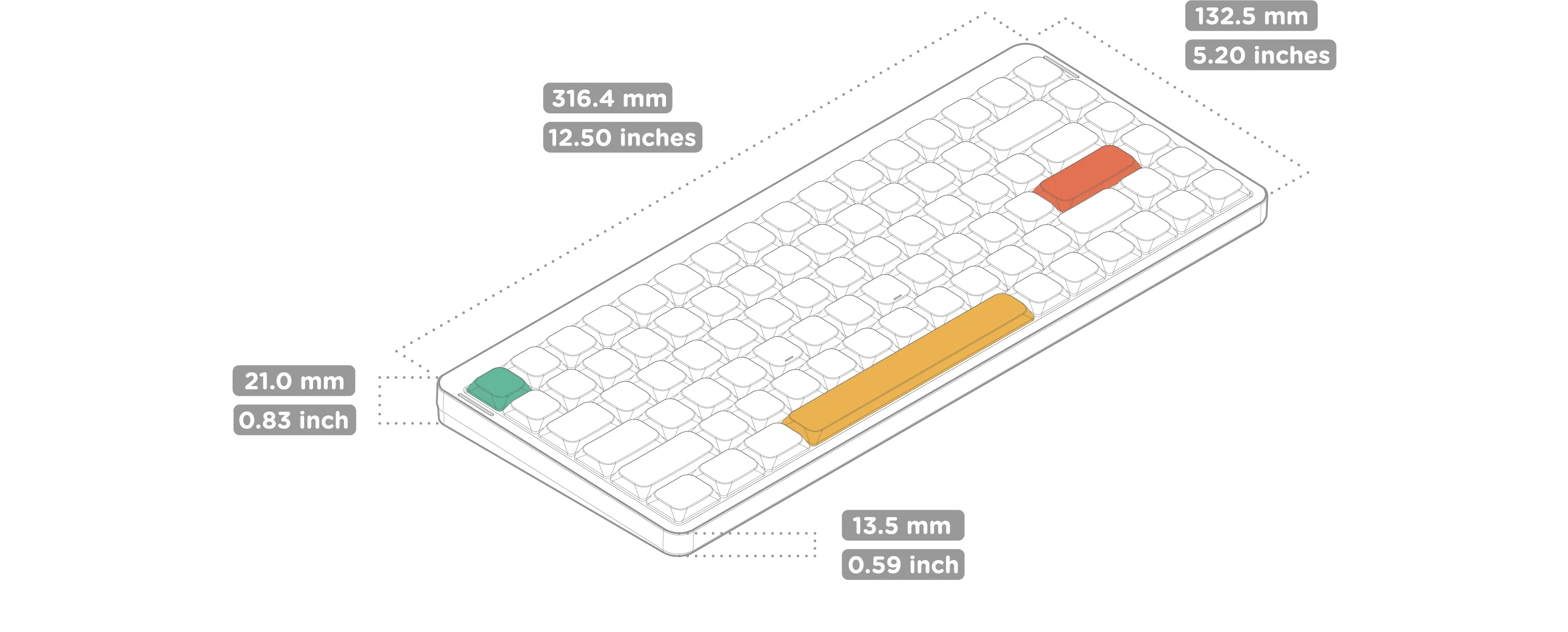 Klawiatura z wymiarami i kolorowymi klawiszami.