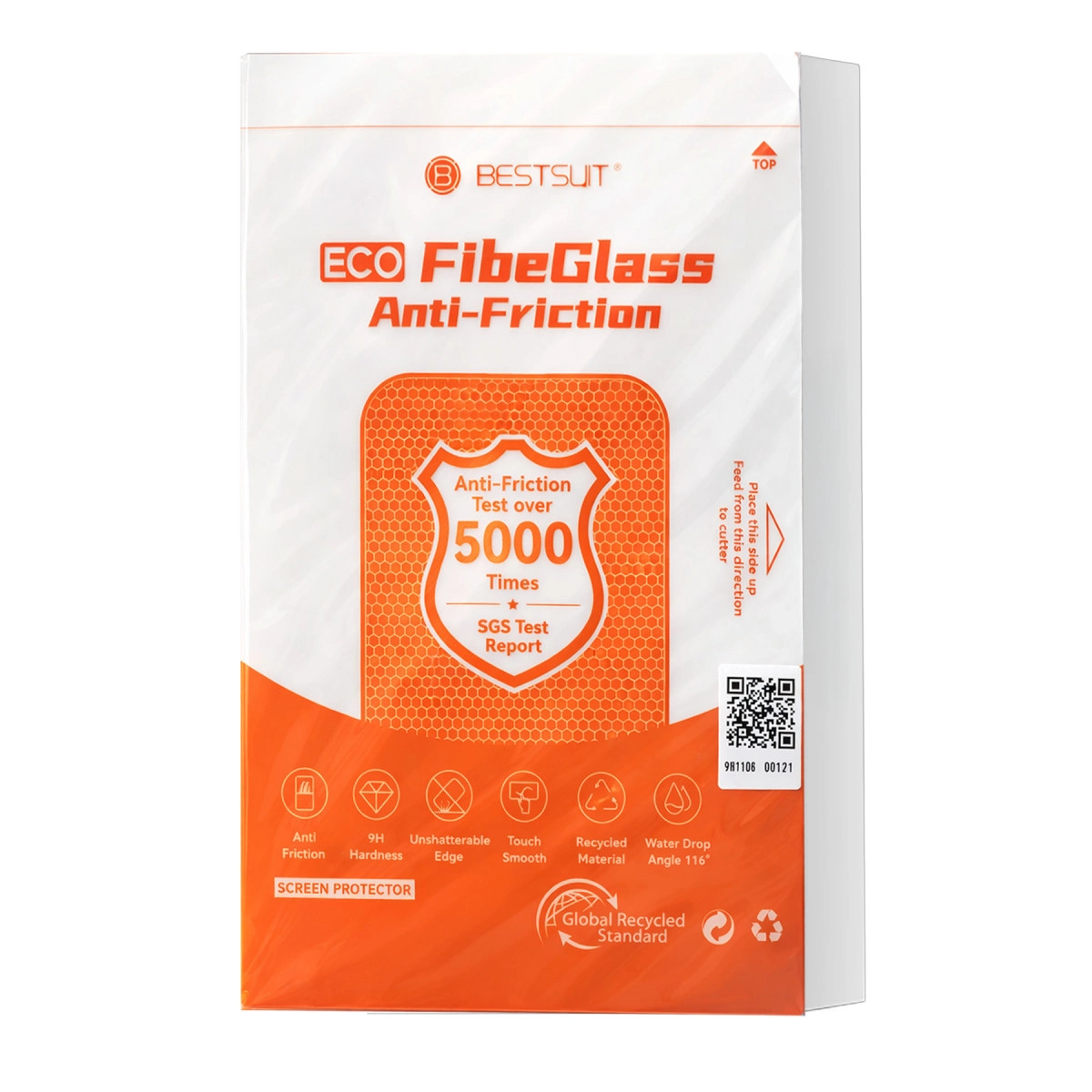 Sürtünme ve sertlik detaylarına sahip ECO FibeGlass Anti-Sürtünme ekran koruyucu ambalajı.