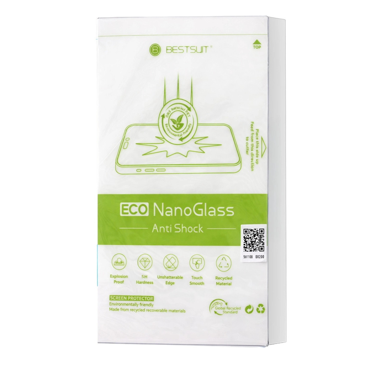 Eco NanoGlass Anti Shock ekran koruyucu ambalajı, özellik simgeleriyle.