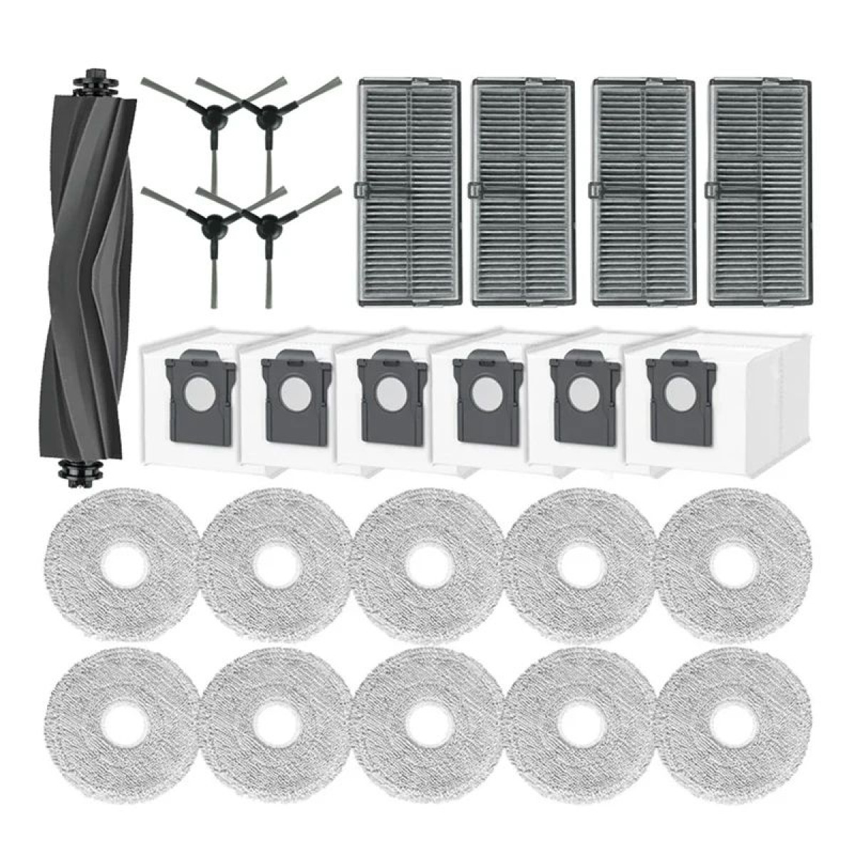 Części odkurzacza: szczotka rolkowa, szczotki boczne, filtry, worki na kurz i pady mopujące.