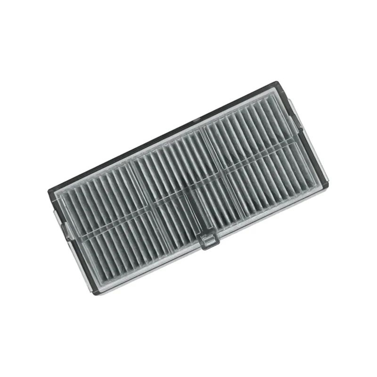 Prostokątny szary filtr z wieloma fałdami, białe tło.