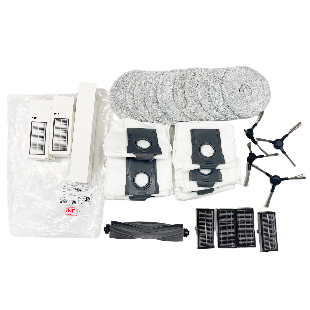 Akcesoria do odkurzacza: worki, filtry, szczotki boczne, szczotka główna, mopy.