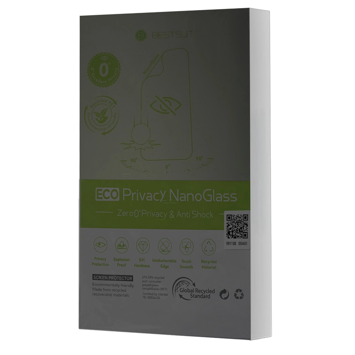 Eco Privacy Nano Glass ambalajı, gizlilik ve darbe önleyici özellikler gösteriliyor.