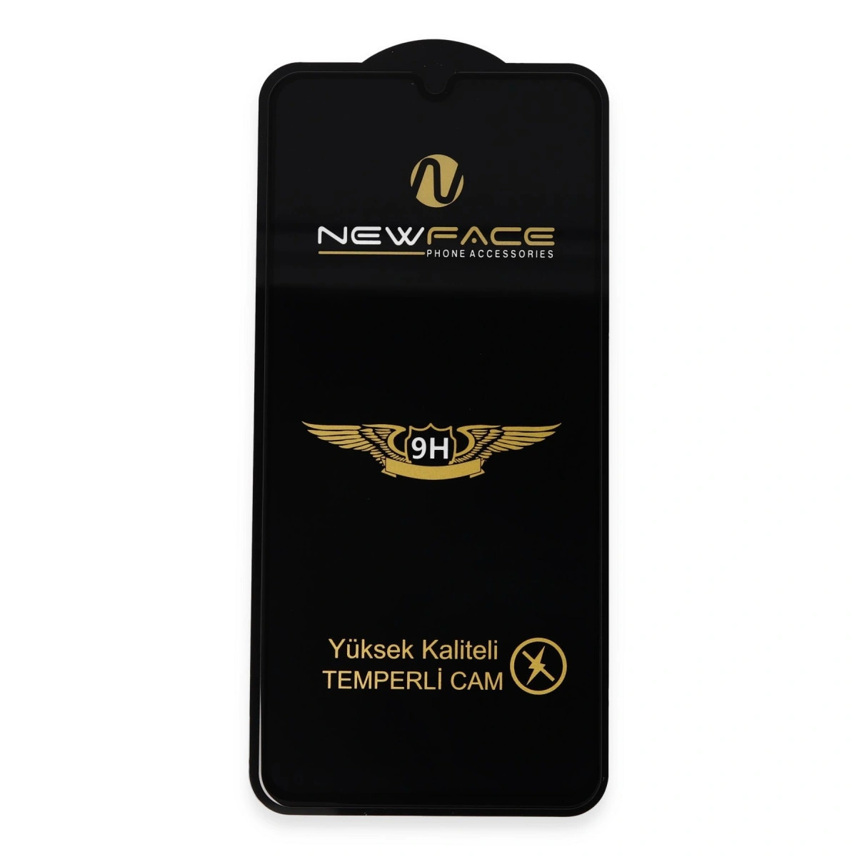 Ekran koruyucu için siyah paket, altın rengi logo ve yazı içerir.