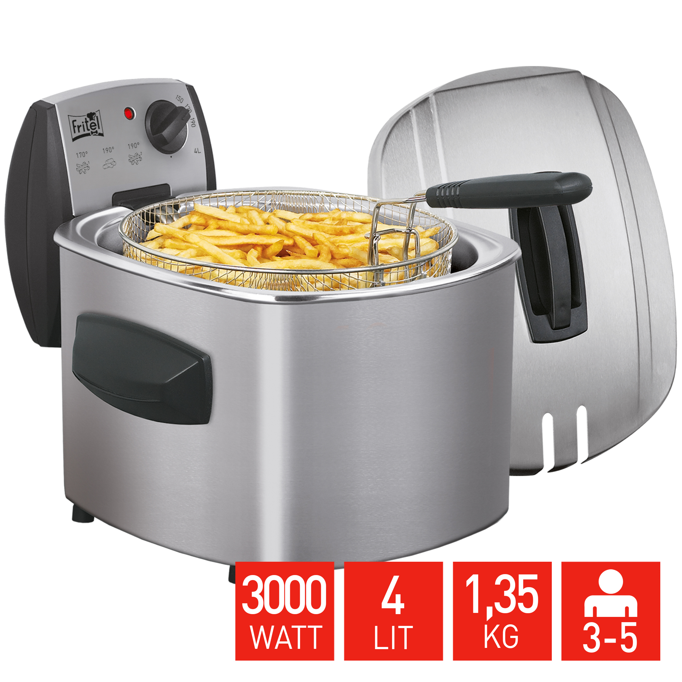 Een RVS friteuse met friet in een mandje, deksel ernaast.
