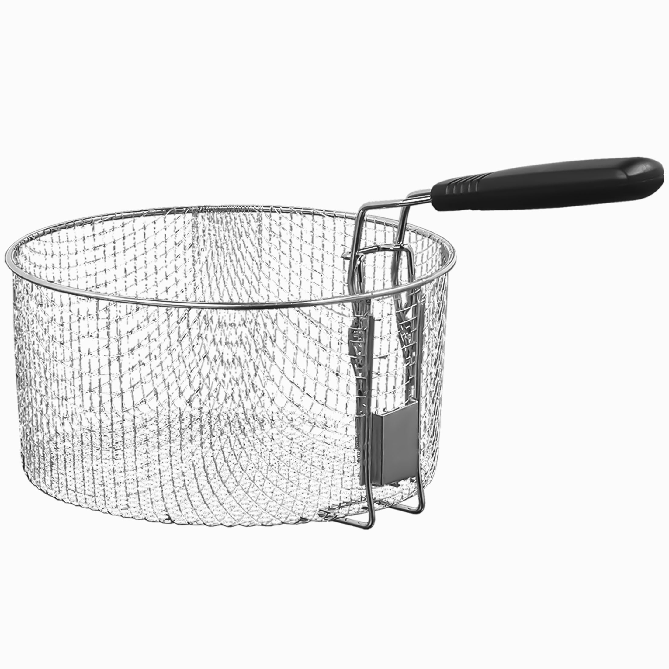 Een ronde draadmand met zwarte handgreep, geïsoleerd op wit.