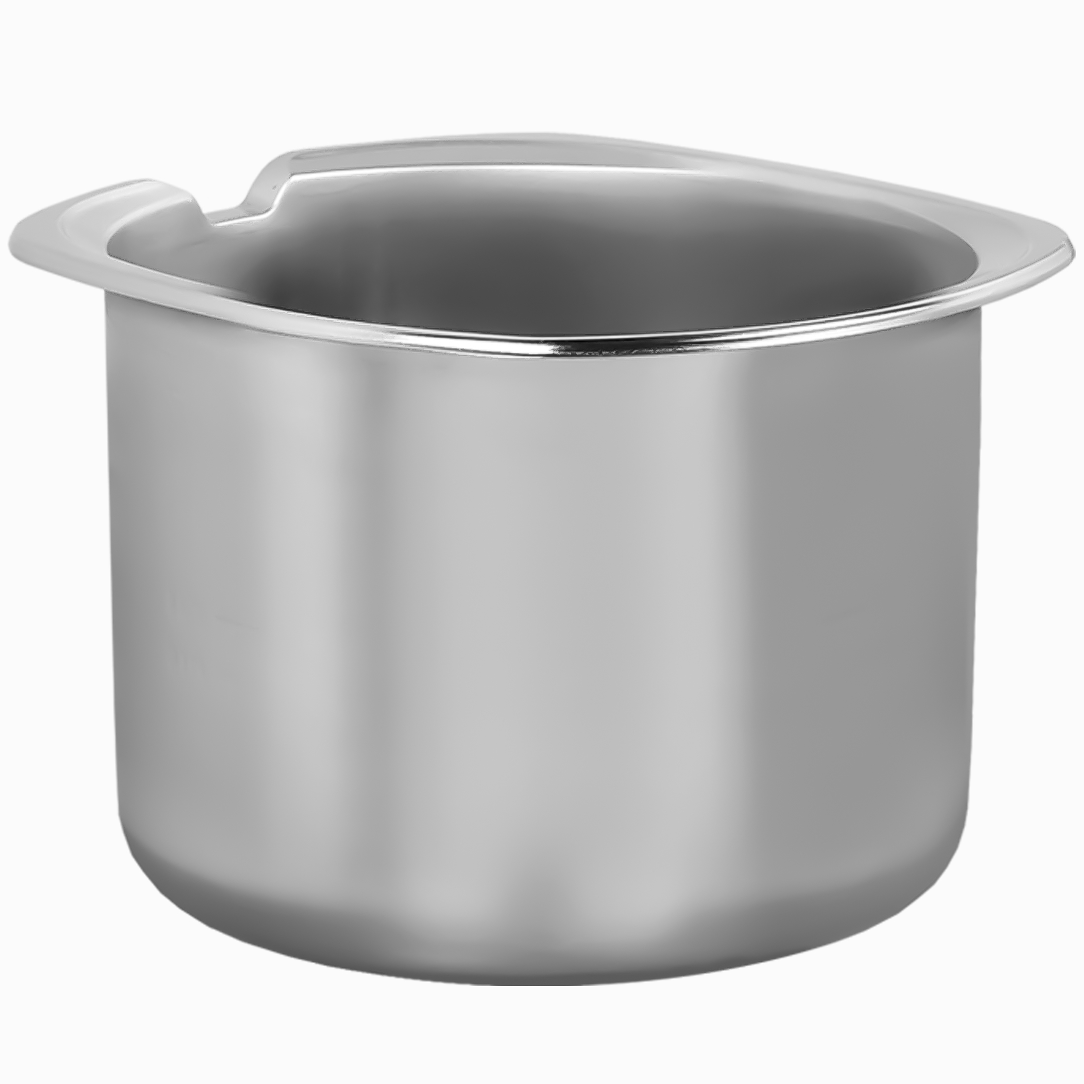 Een enkele, lege, zilveren pot met handvatuitsparingen.