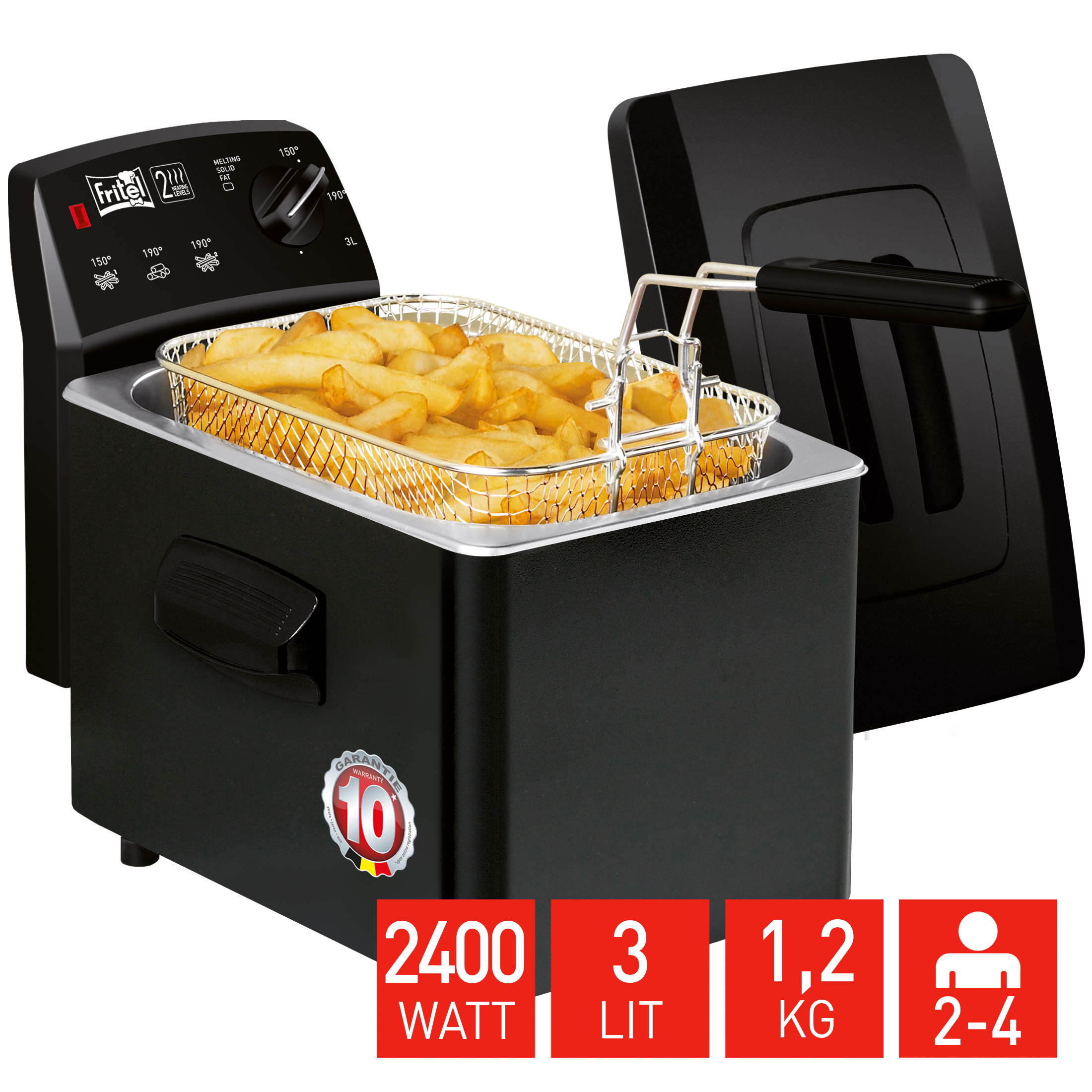 Zwarte friteuse met friet in mandje. Kenmerken: 2400 watt, 3L capaciteit.
