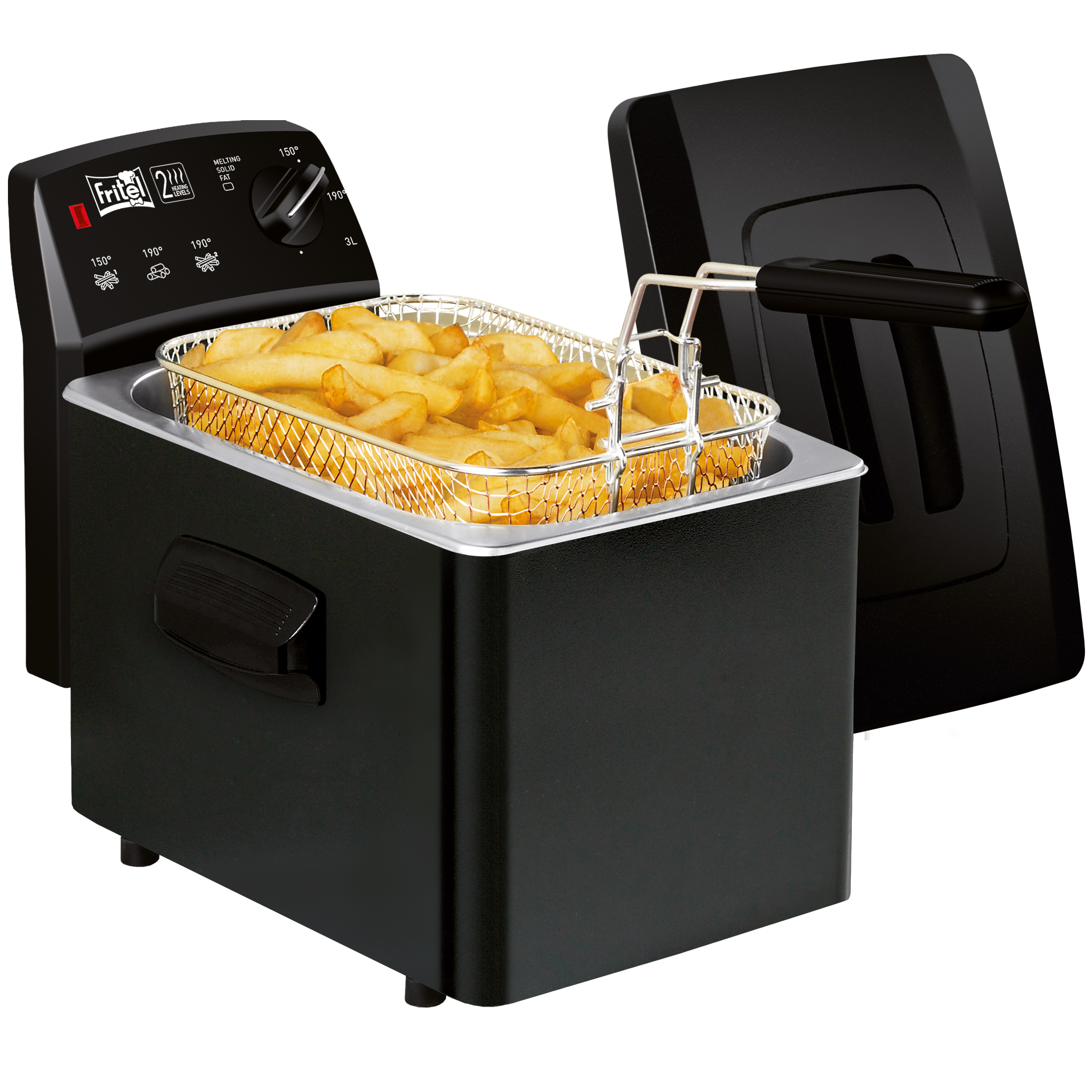 Zwarte friteuse met een mand vol goudbruine friet.