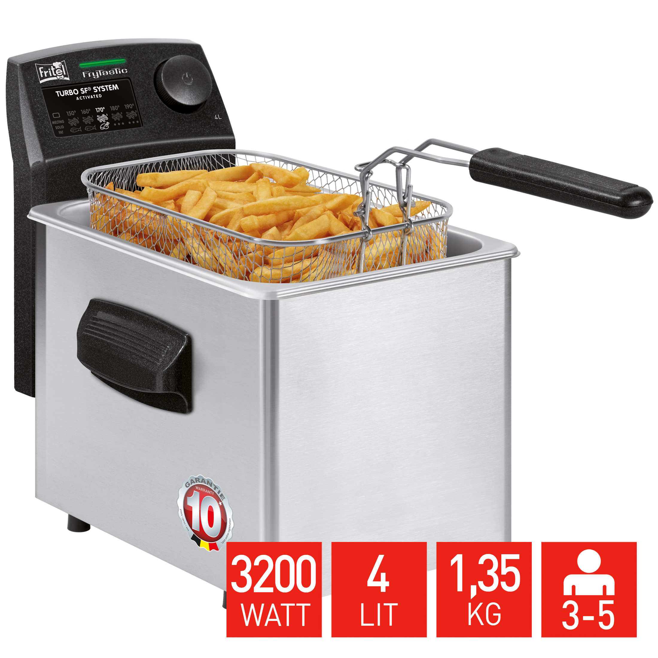 Roestvrijstalen frituurpan met volle mand frietjes en bedieningspaneel.