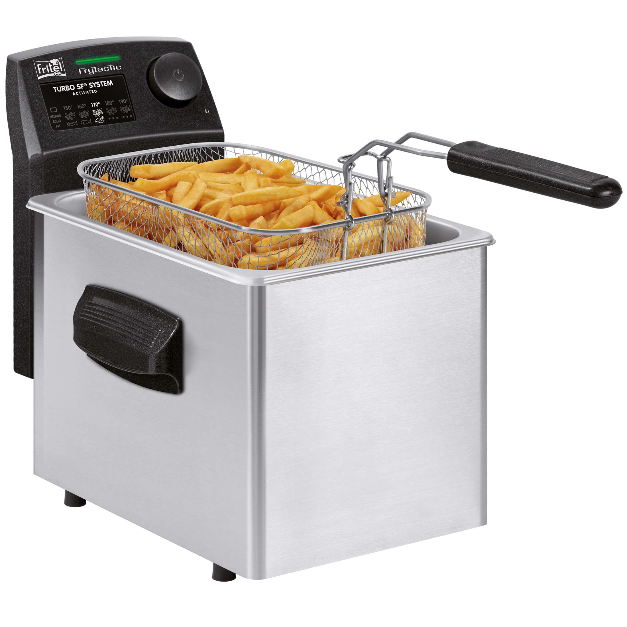 Een RVS frituurpan met een volle mand friet erin.