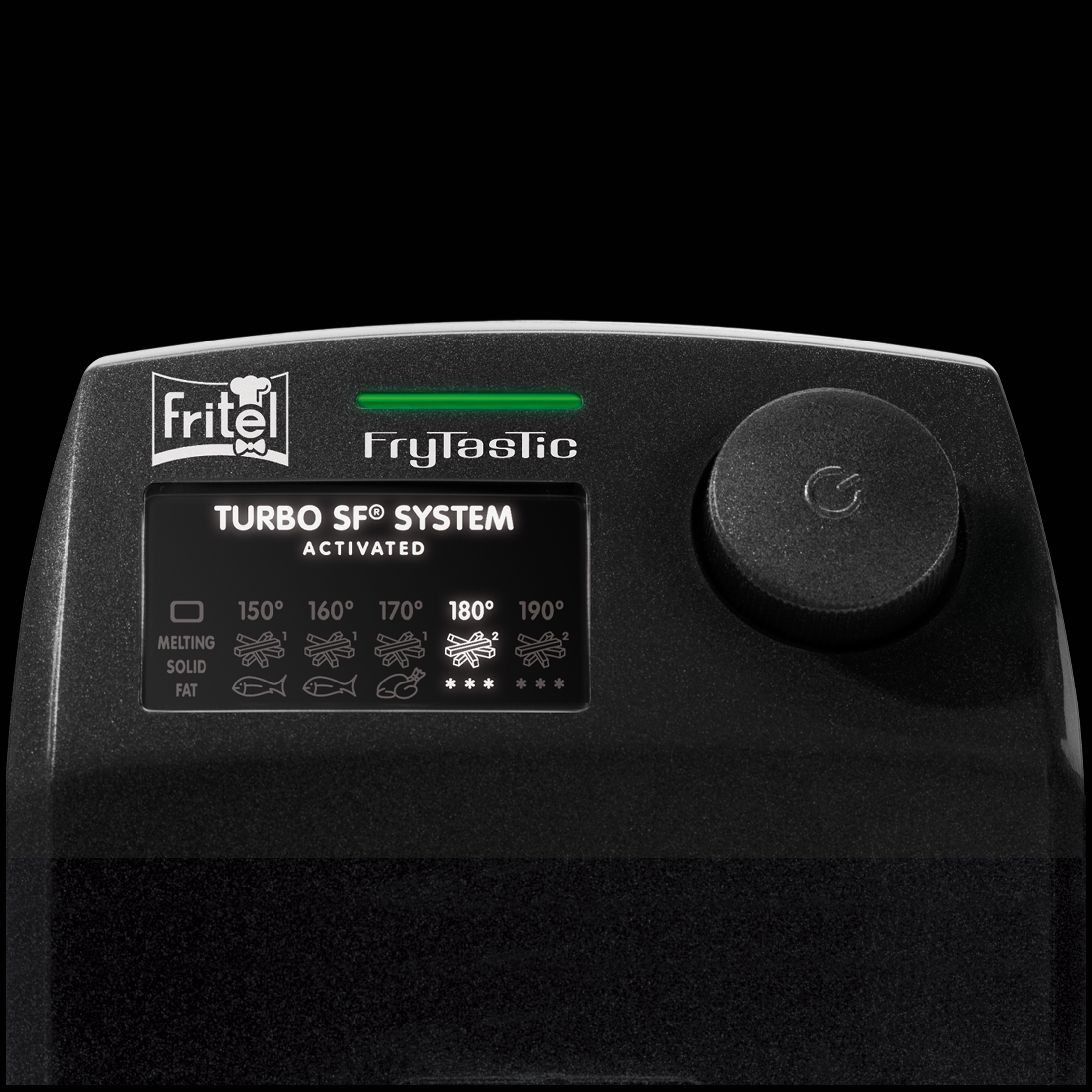 Een Fritel Frytastic met geactiveerd TURBO SF® Systeem display en draaiknop.
