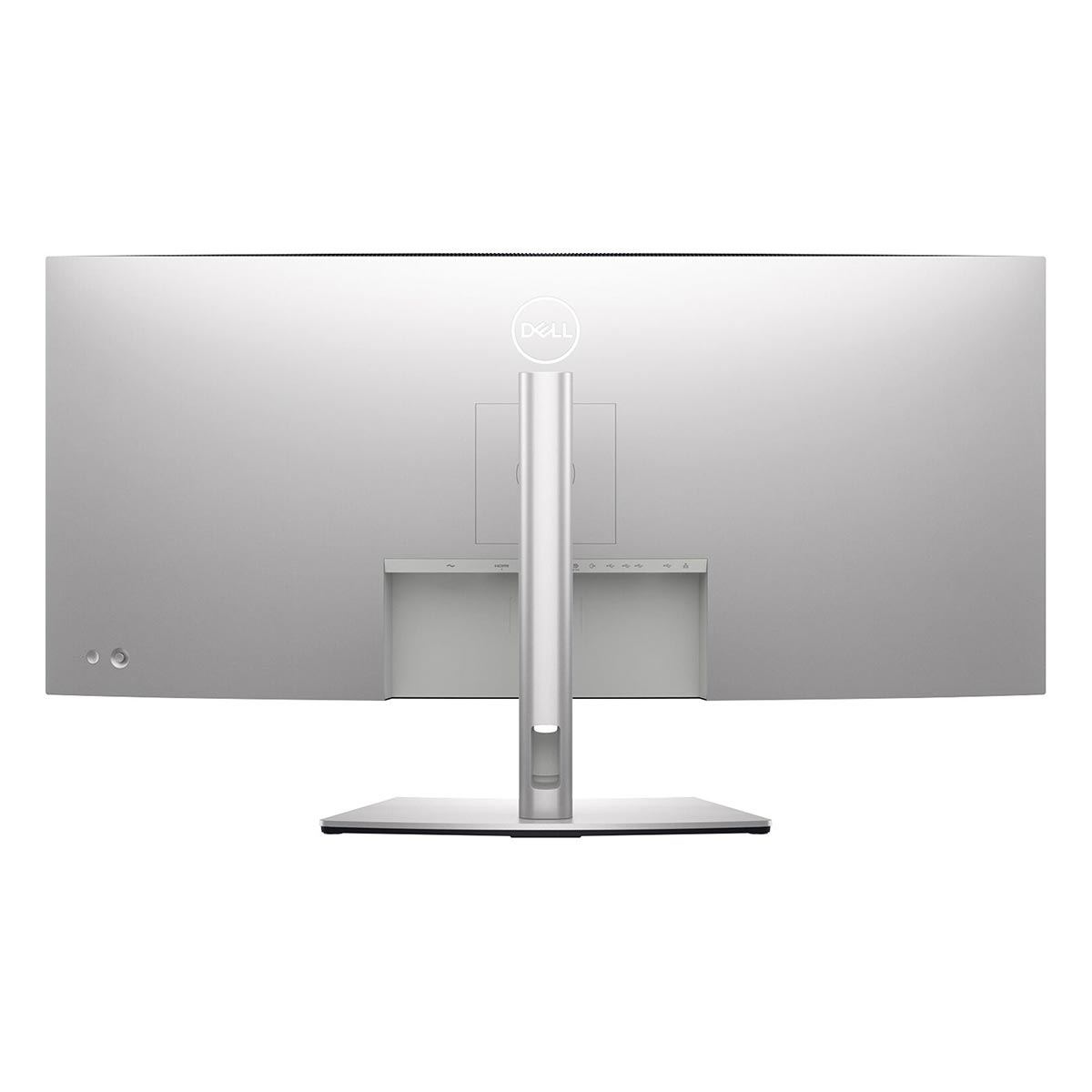 Tył srebrnego monitora Dell ze srebrnym stojakiem i portami.