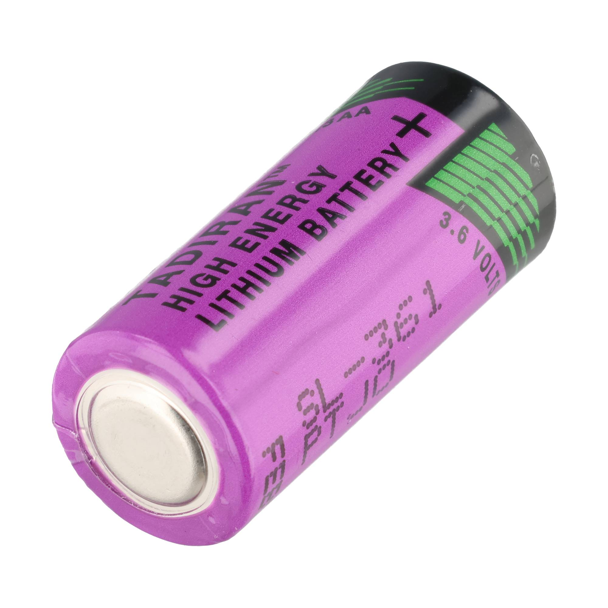 Eine lila 3,6-Volt-Lithiumbatterie mit schwarzem und grünem Aufdruck.