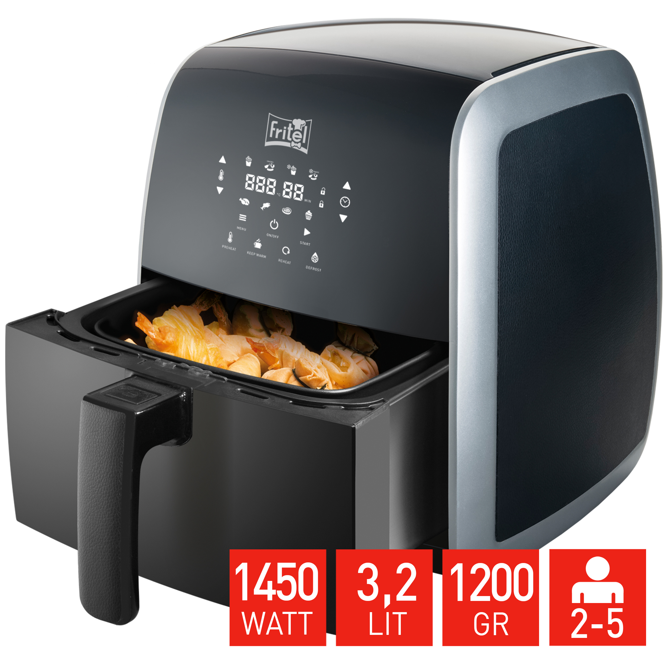 Friggitrice ad aria nera con cestello pieno, display digitale e pannelli rossi.