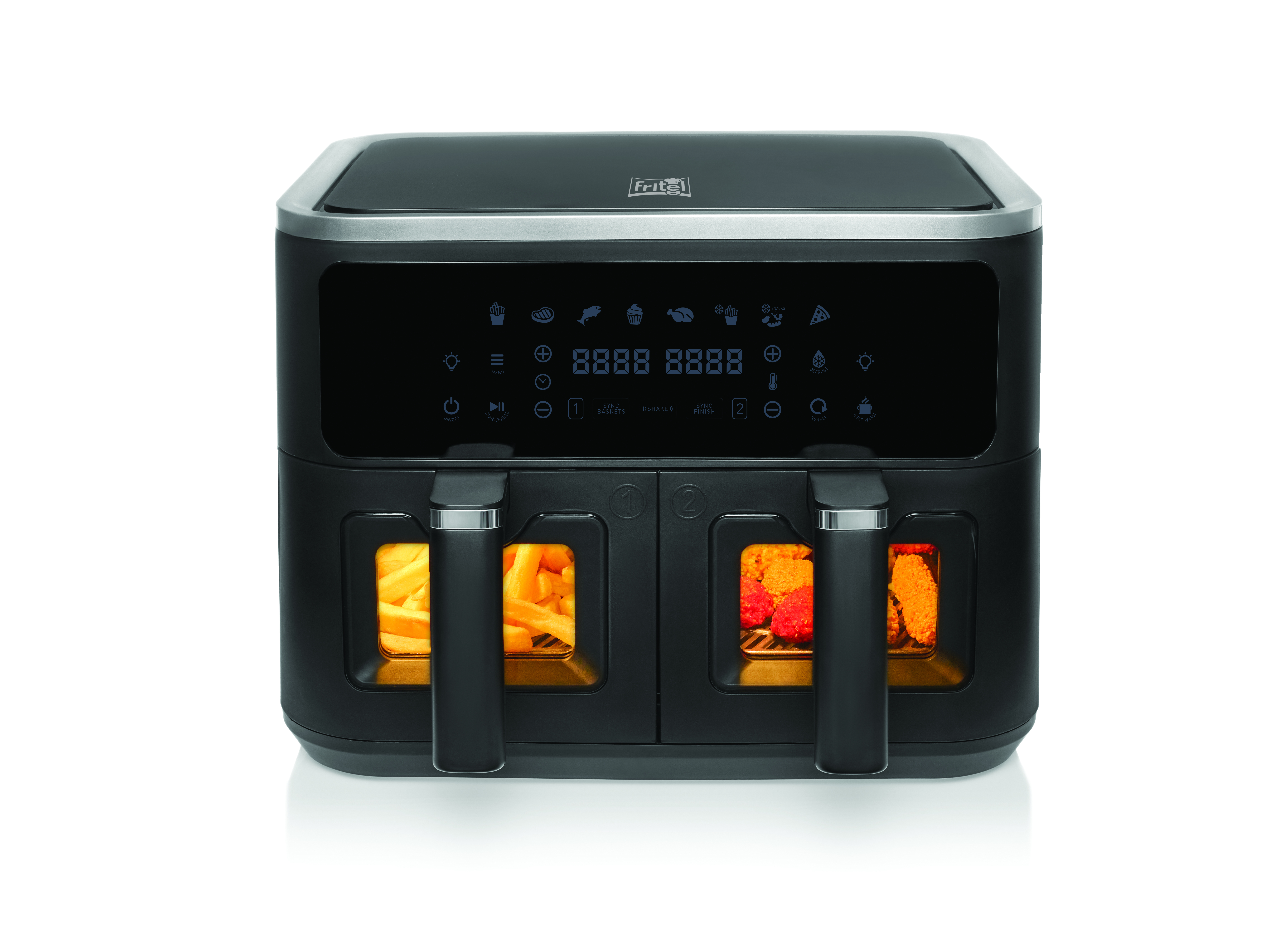 Black double air fryer with one basket of fries and one of nuggets visible.